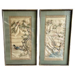 Antique Pair Japanese Silk Scroll Framed Paintings