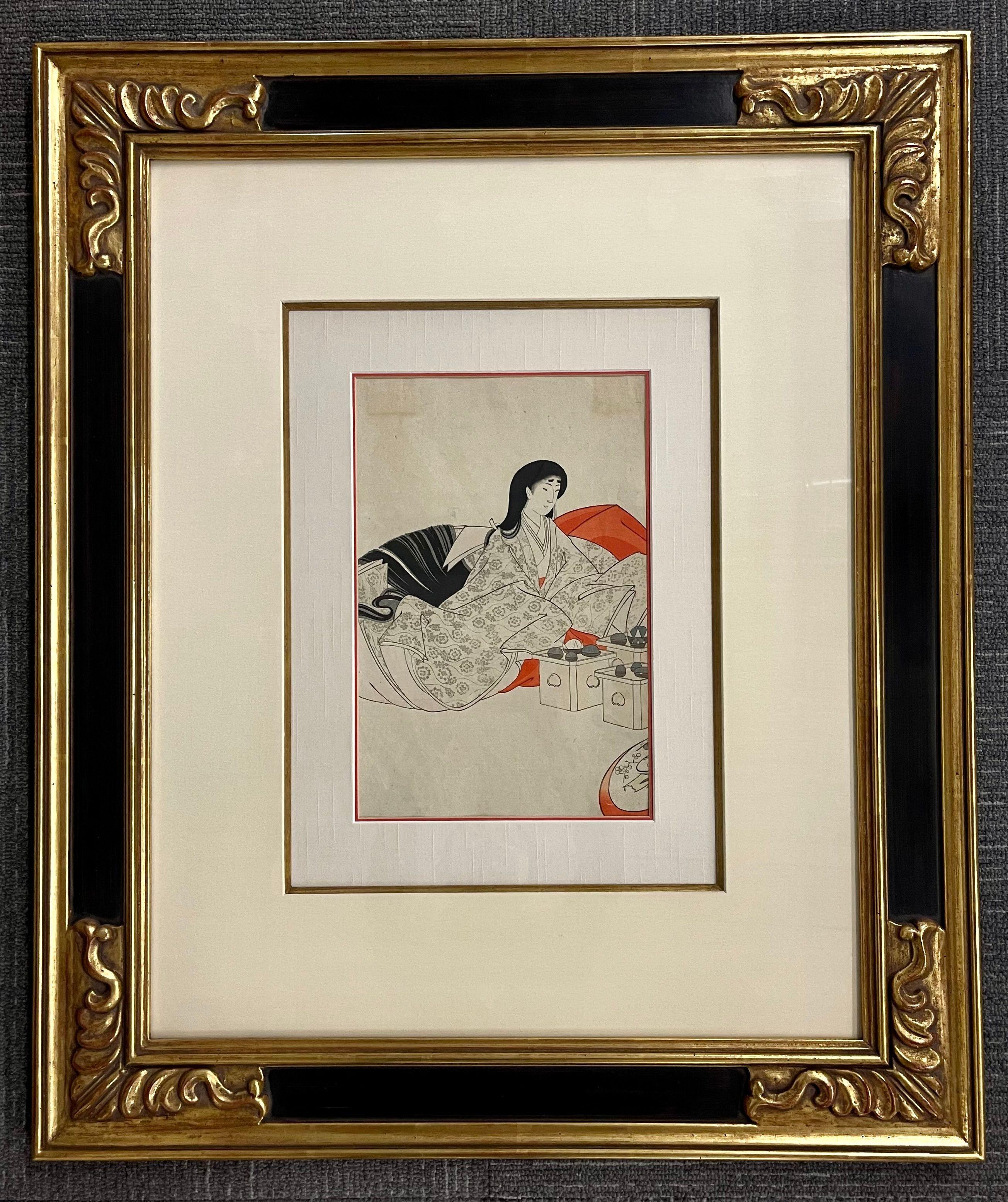 A pair of Japanese Woodblocks each in a fine custom matted frame with fine ebony and gilt decorations. Each signed and dated on the reverse. Listed below.
-A courtyard lady in a commercial robe. By: Chikanobu Printed 1893
-Three court ladies in a