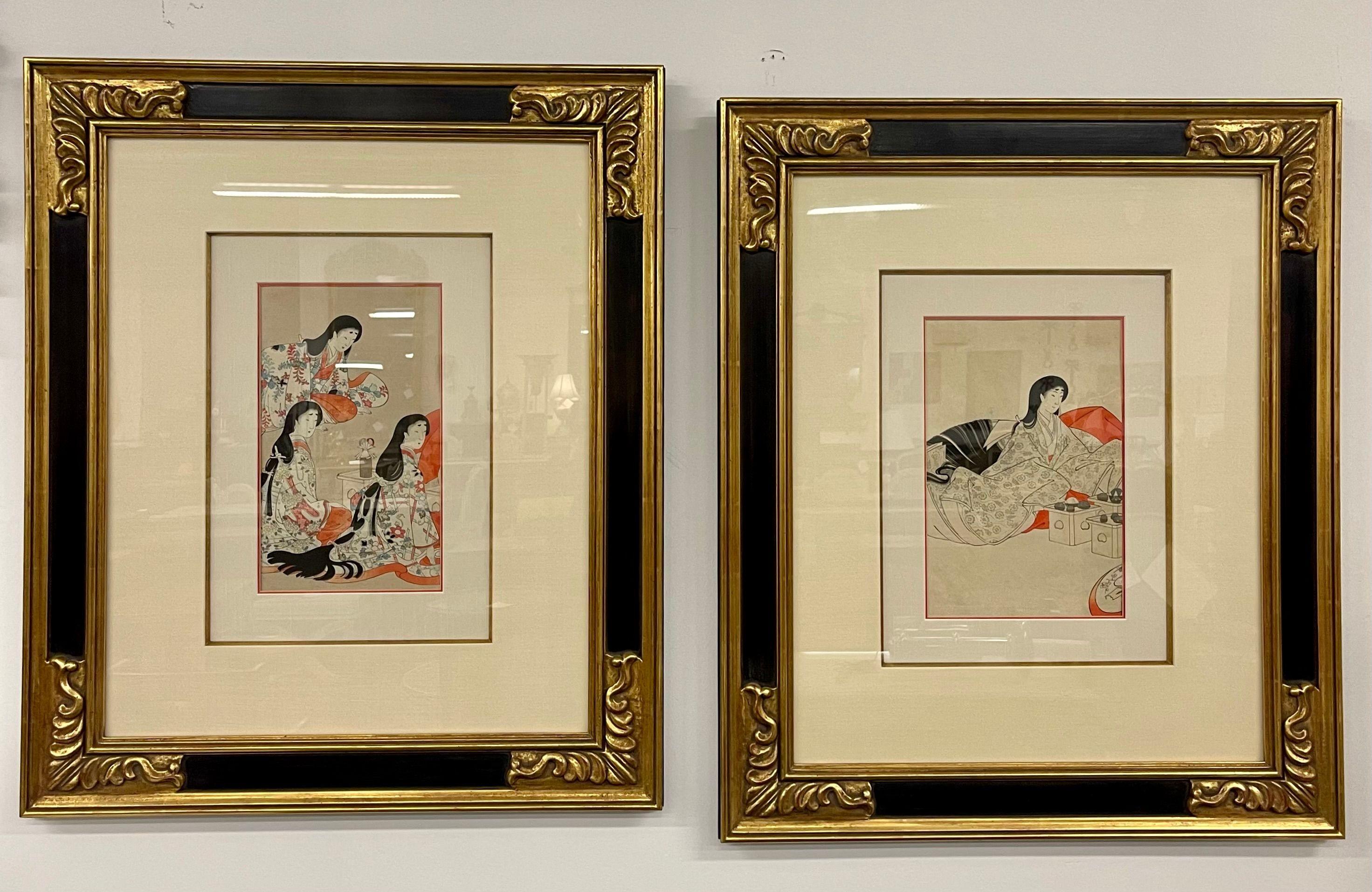 Pair Japanese Woodblock, Matted, Custom Ebony Frames In Good Condition For Sale In Stamford, CT