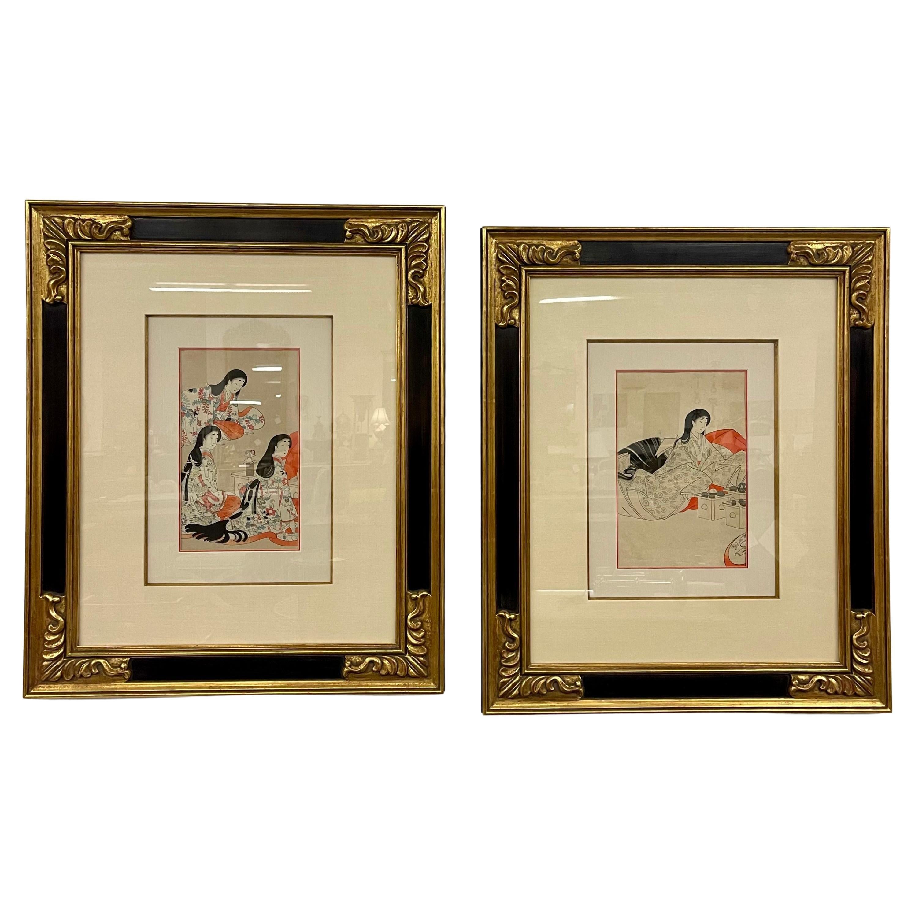 Pair Japanese Woodblock, Matted, Custom Ebony Frames For Sale