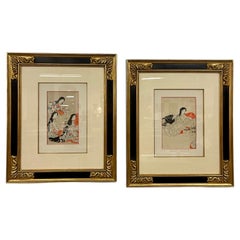 Pair Japanese Woodblock, Matted, Custom Ebony Frames
