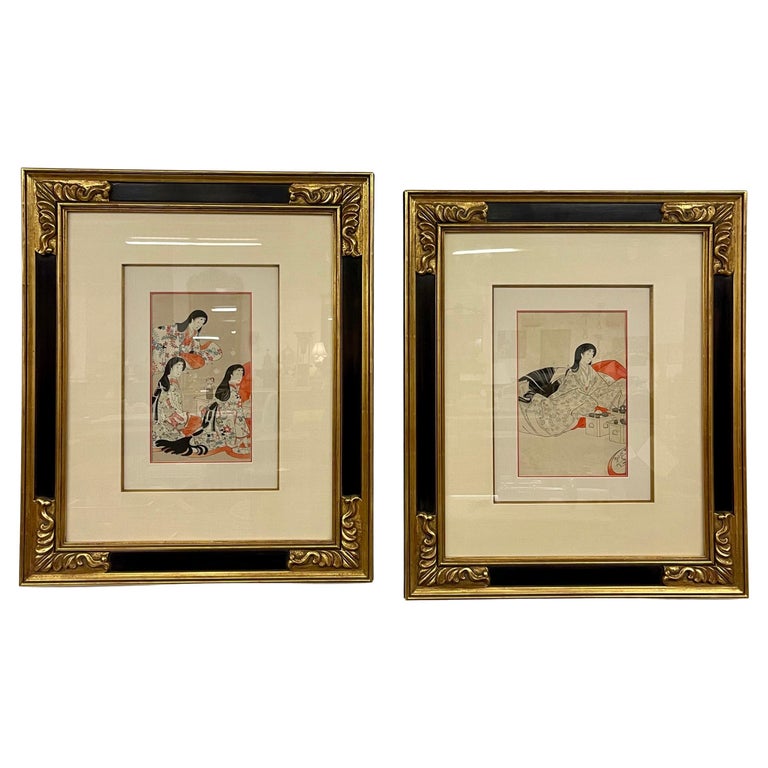 Pair Japanese Woodblock, Matted, Custom Ebony Frames For Sale at 1stDibs