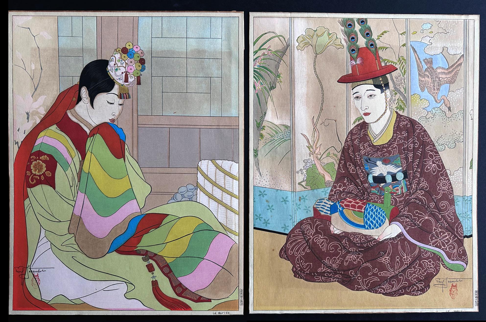 An assembled pair of Japanese Woodblock print by Paul Jacoulet (French, 1896-1960) entitled La Mariee and Le Marie, Seoul Coree (The Bride and The Groom). Created in 1948 and 1950, the two prints were not intentionally designed by Jacoulet as a