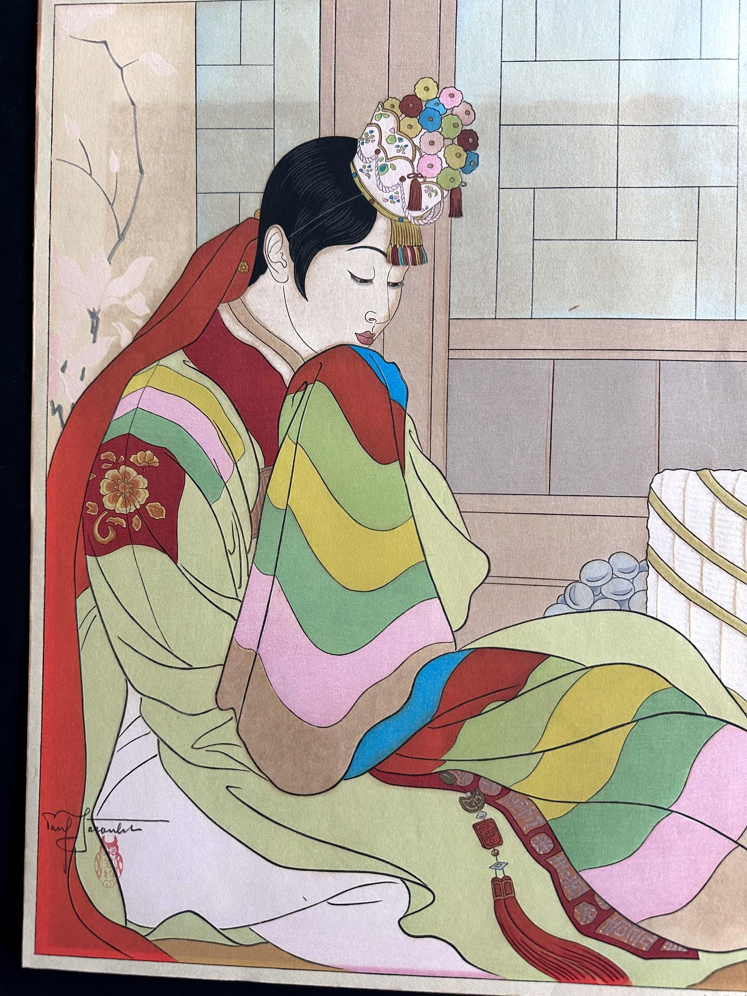Japonisme Pair Japanese Woodblock Prints La Mariee and Le Marie by Paul Jacoulet en vente