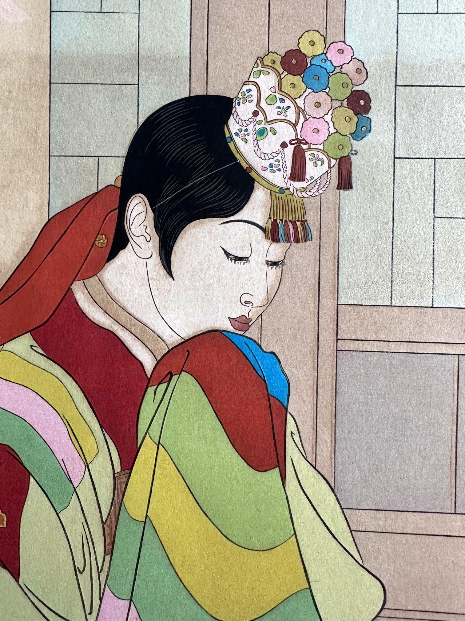 Pair Japanese Woodblock Prints La Mariee and Le Marie by Paul Jacoulet État moyen - En vente à Atlanta, GA