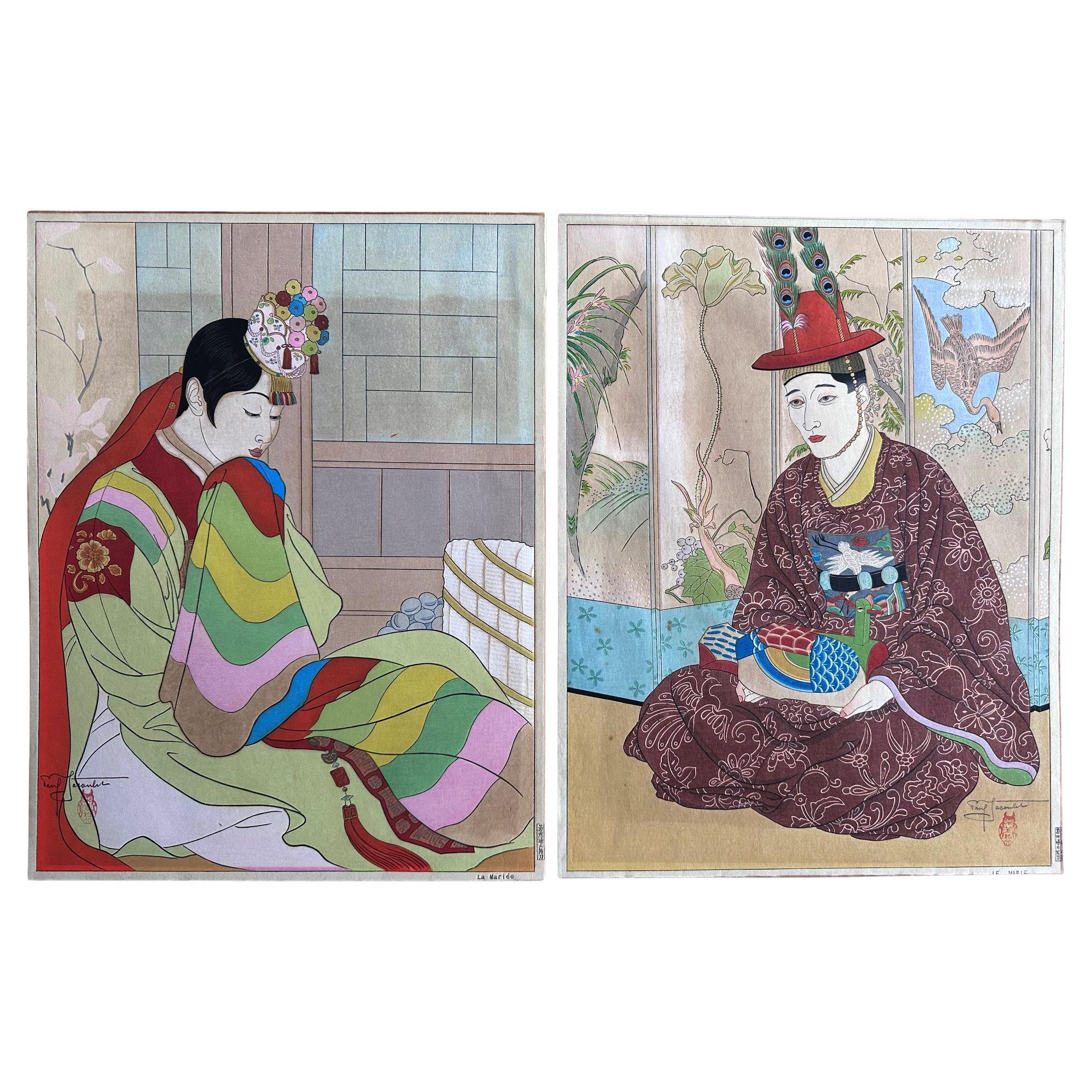 Pair Japanese Woodblock Prints La Mariee and Le Marie by Paul Jacoulet