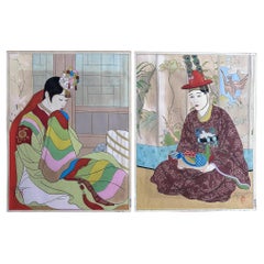 Vintage Pair Japanese Woodblock Prints La Mariee and Le Marie by Paul Jacoulet