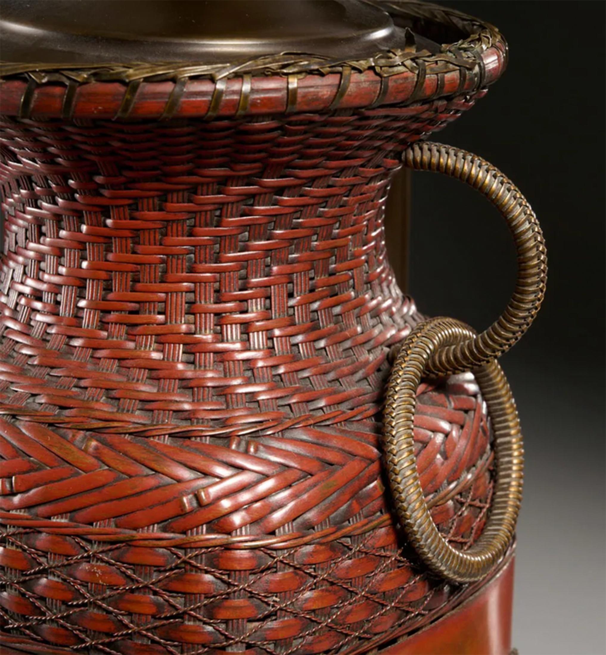 Metalwork Pair Japanese Woven Copper & Shakudo Basket Lamps