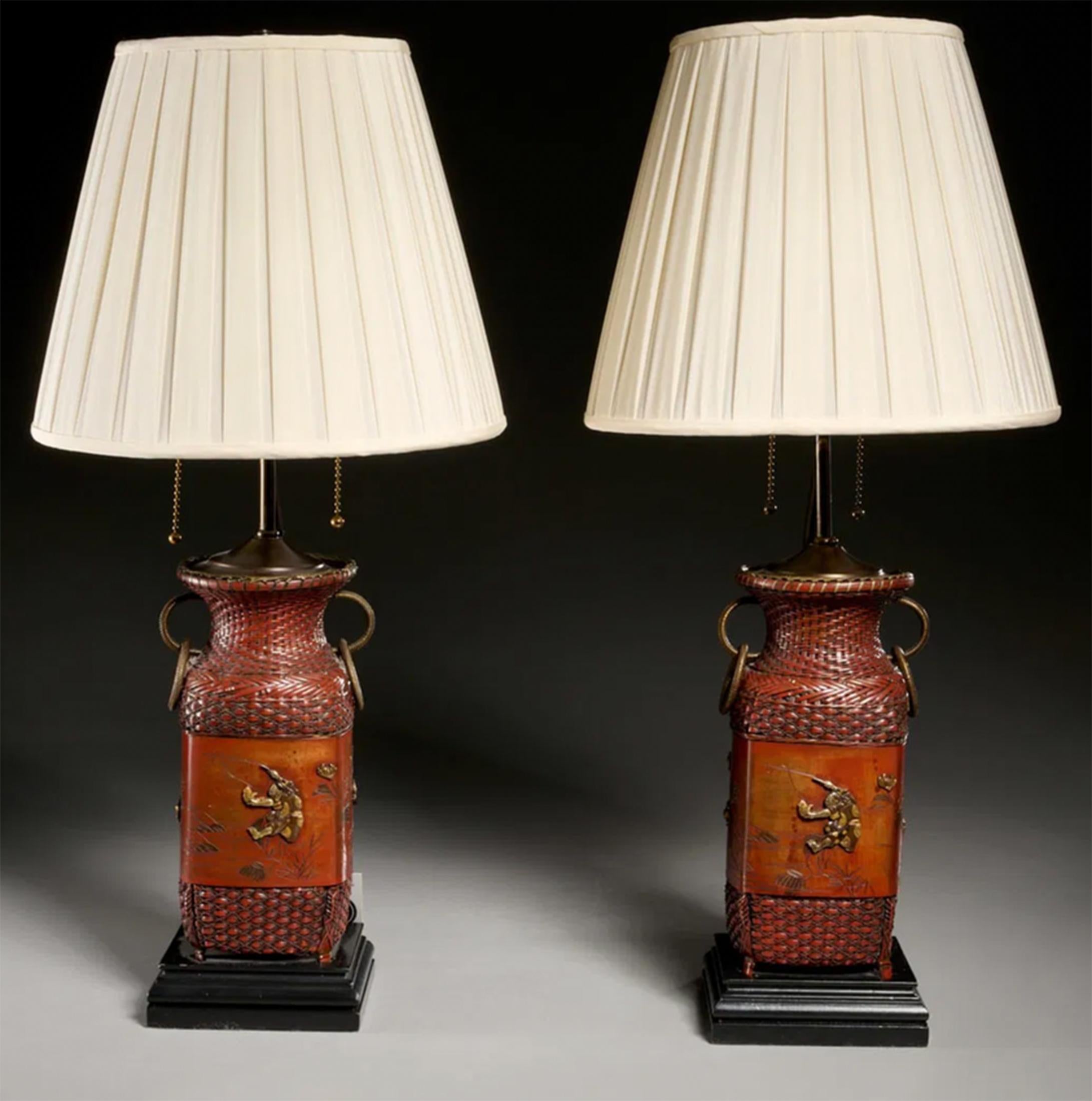 Pair Japanese Woven Copper & Shakudo Basket Lamps In Good Condition In New York, NY