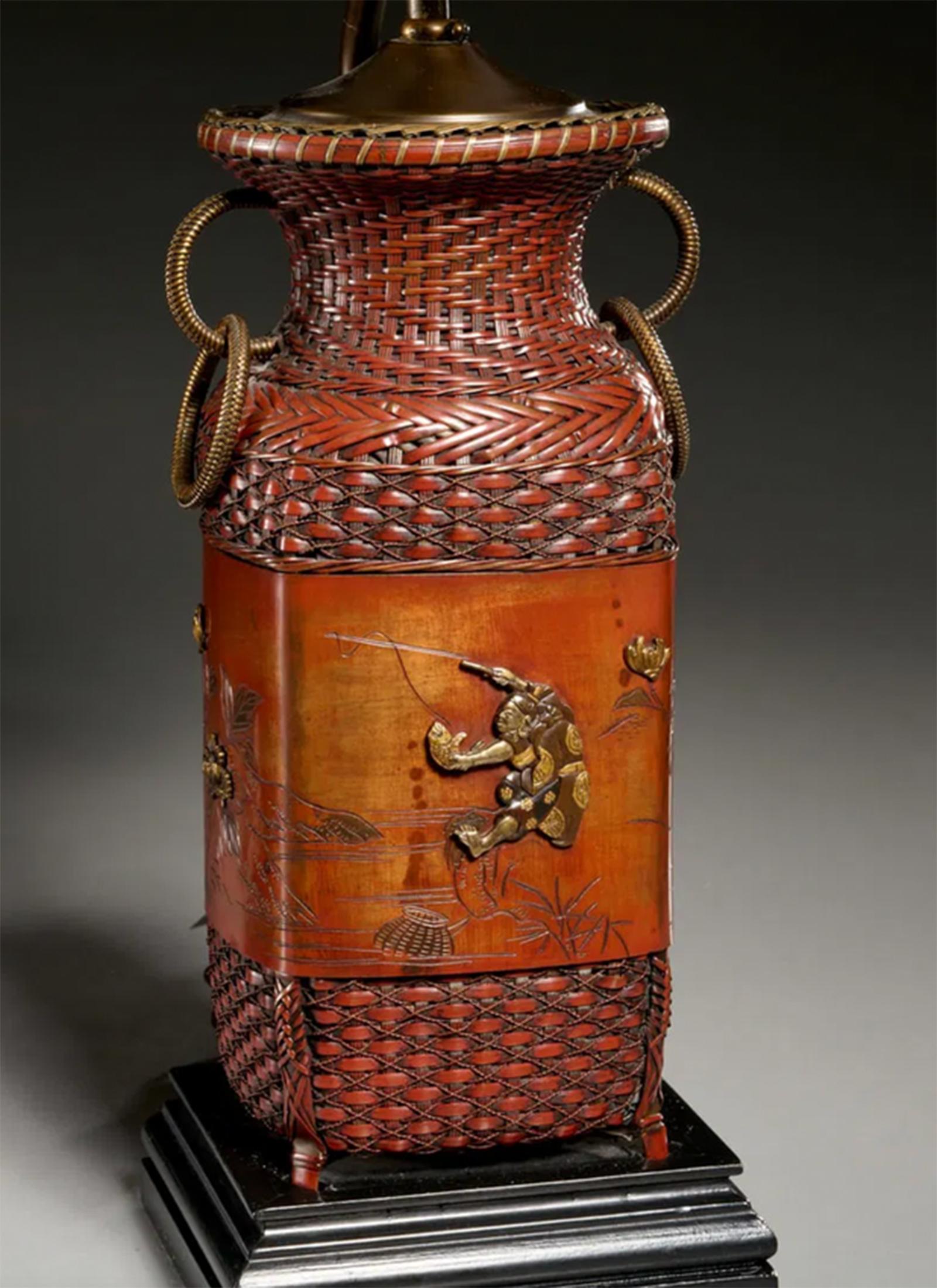19th Century Pair Japanese Woven Copper & Shakudo Basket Lamps