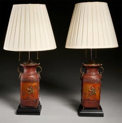 Pair Japanese Woven Copper & Shakudo Basket Lamps
