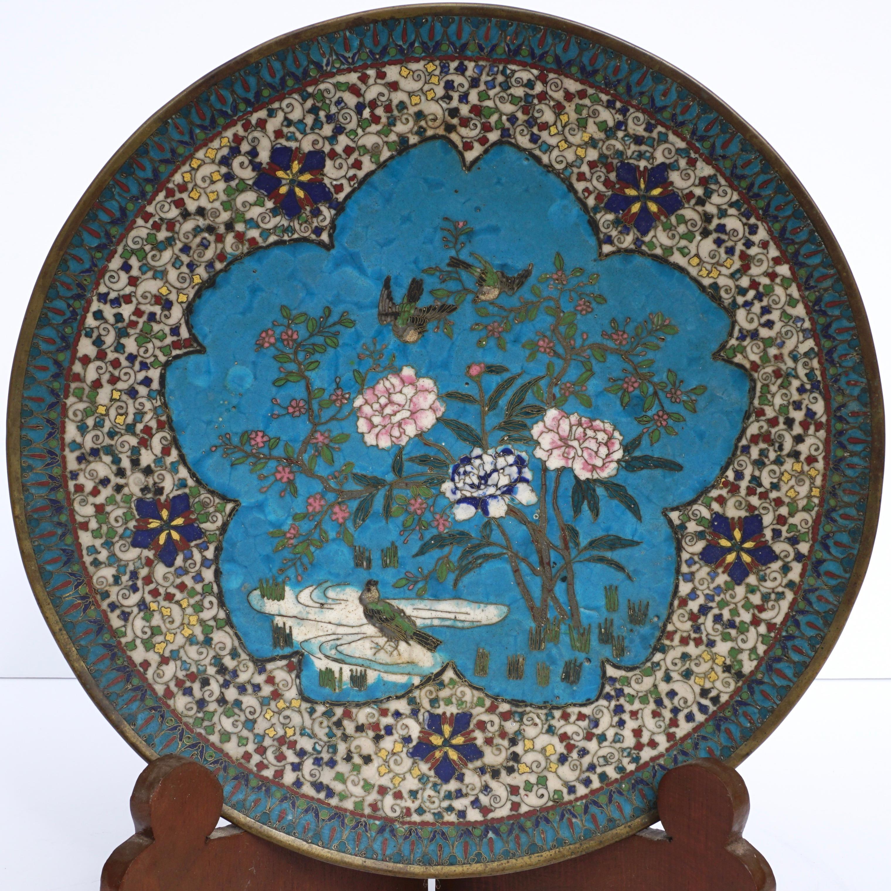Pair of Japonese Meiji Cloisonne Chargers In Good Condition In Dallas, TX