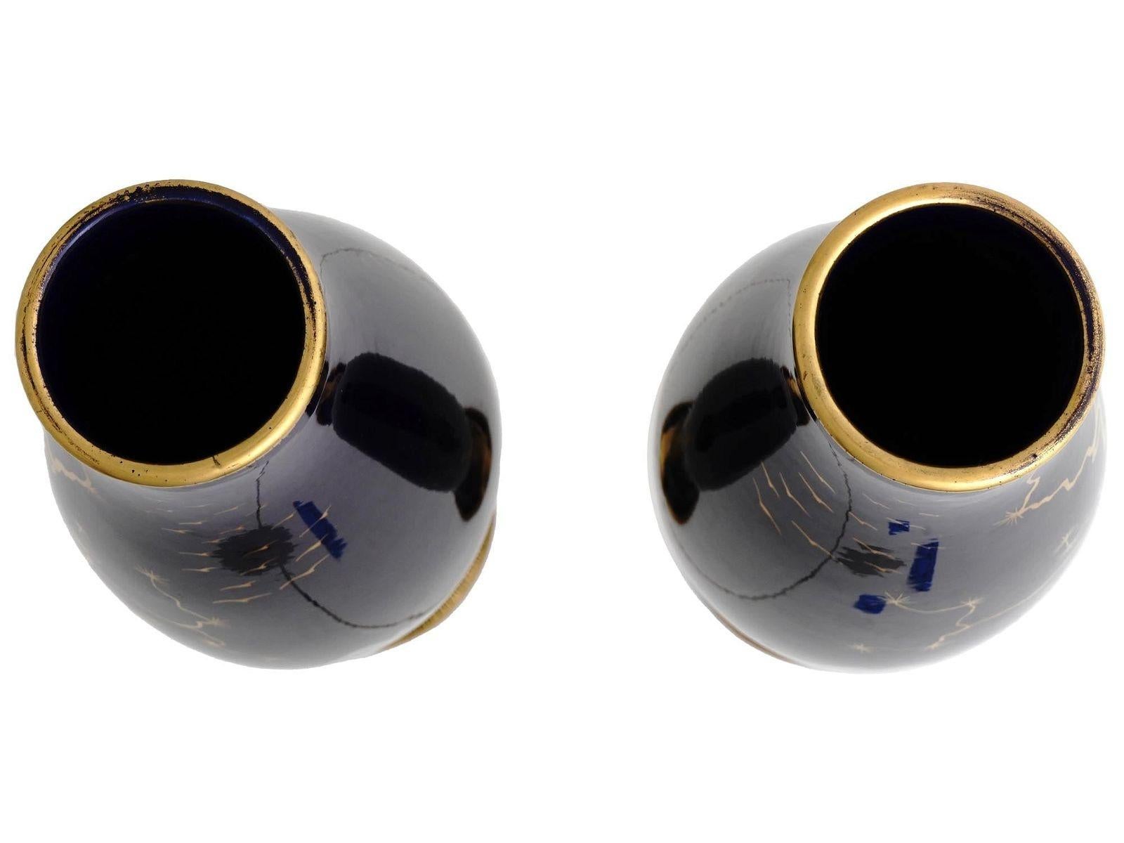 Gilt Pair Japonisme Style French Ceramic Cobalt Blue Glazed Vases by Gustave Asch For Sale