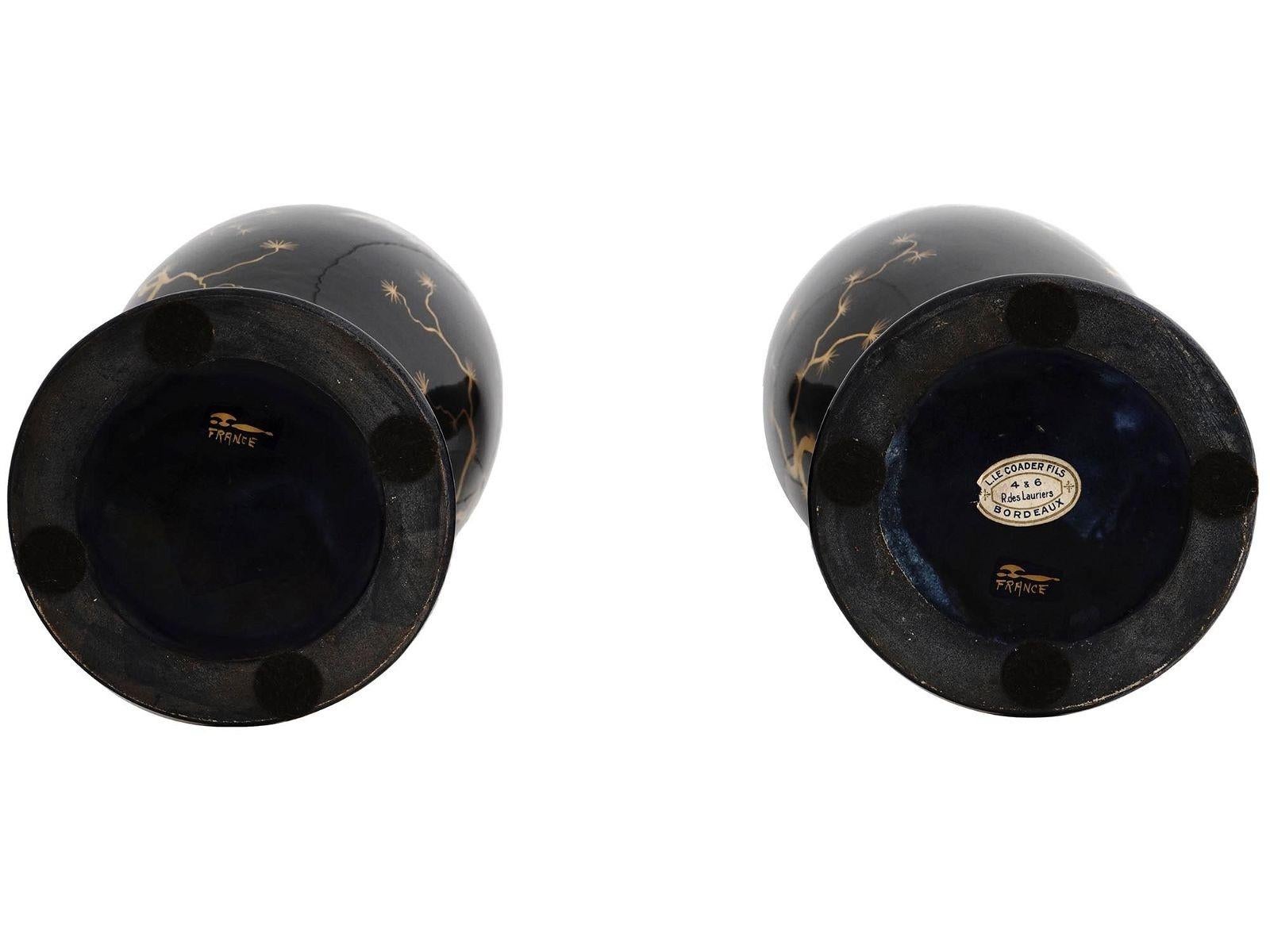 Pair Japonisme Style French Ceramic Cobalt Blue Glazed Vases by Gustave Asch In Good Condition For Sale In New York, NY