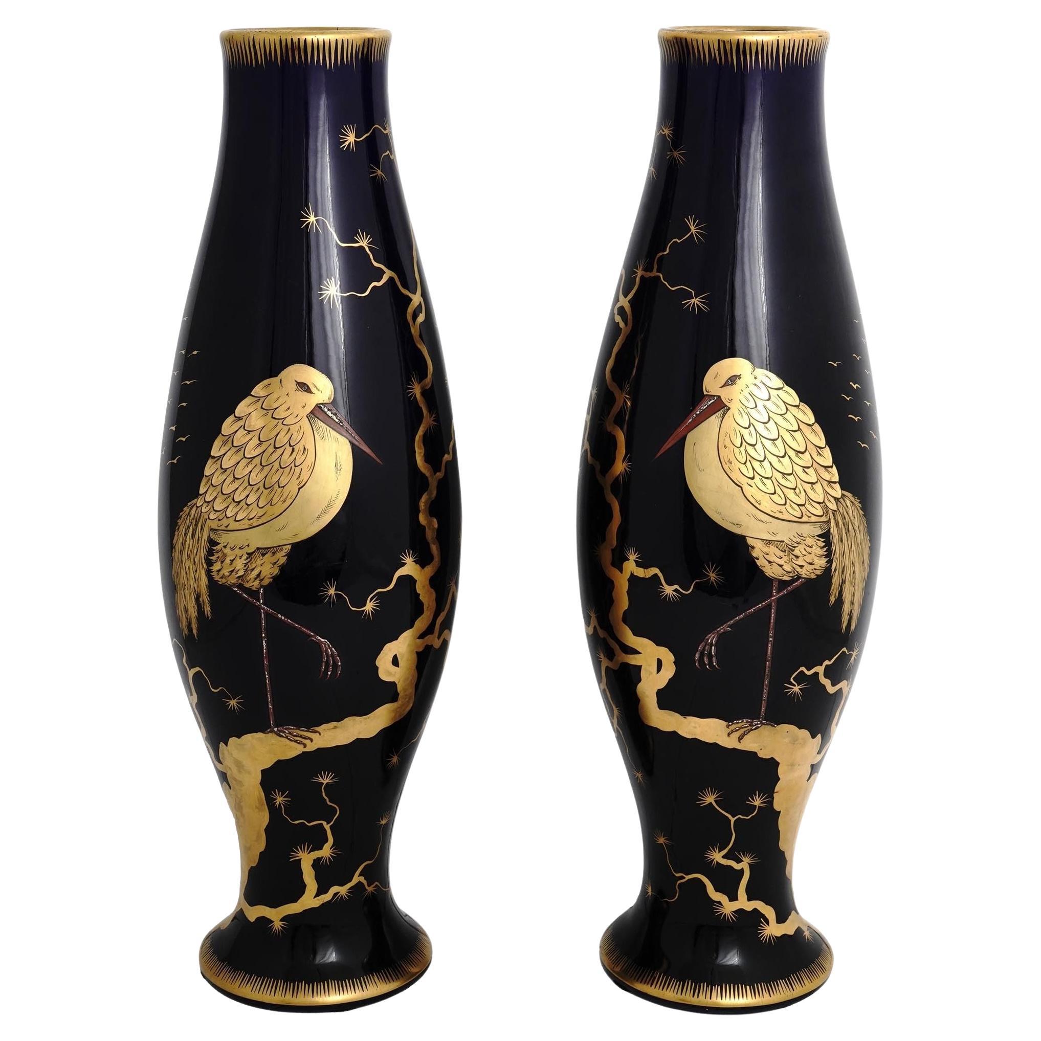 Pair Japonisme Style French Ceramic Cobalt Blue Glazed Vases by Gustave Asch