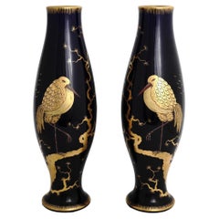 Pair Japonisme Style French Ceramic Cobalt Blue Glazed Vases by Gustave Asch