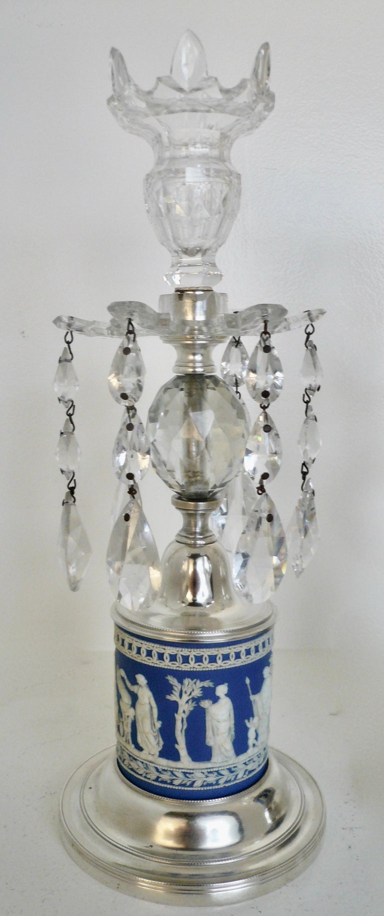 Pair Jasper Ware Silver and Cut Crystal Lusters, or Candle Holders For