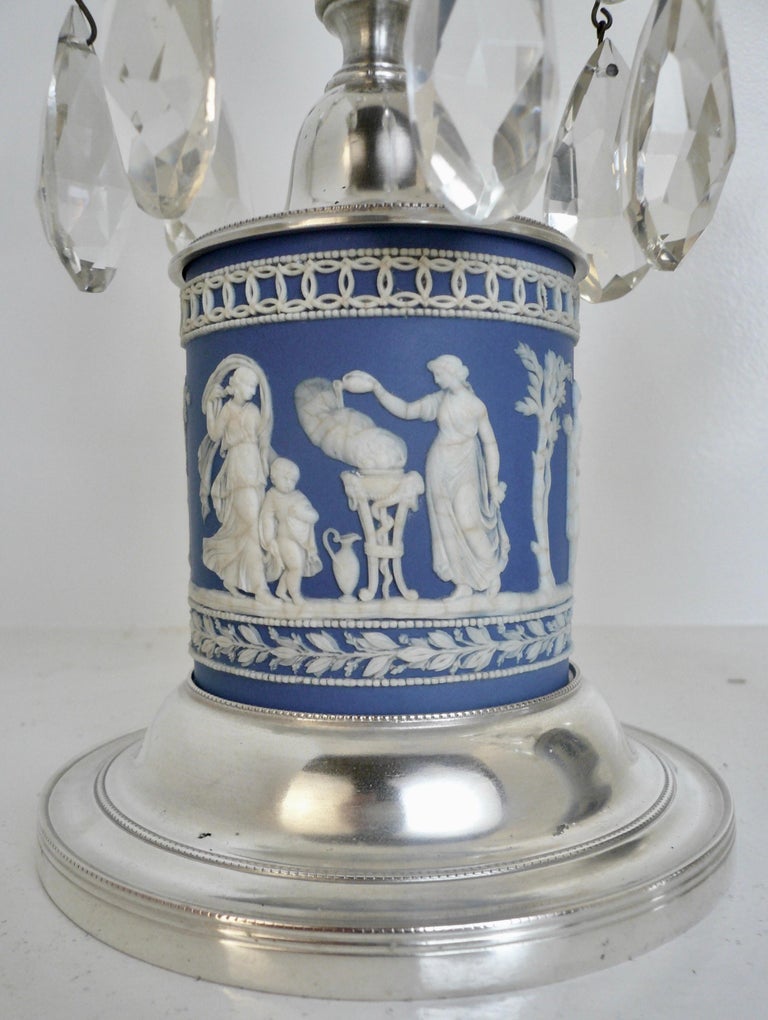 Pair Jasper Ware Silver and Cut Crystal Lusters, or Candle Holders For