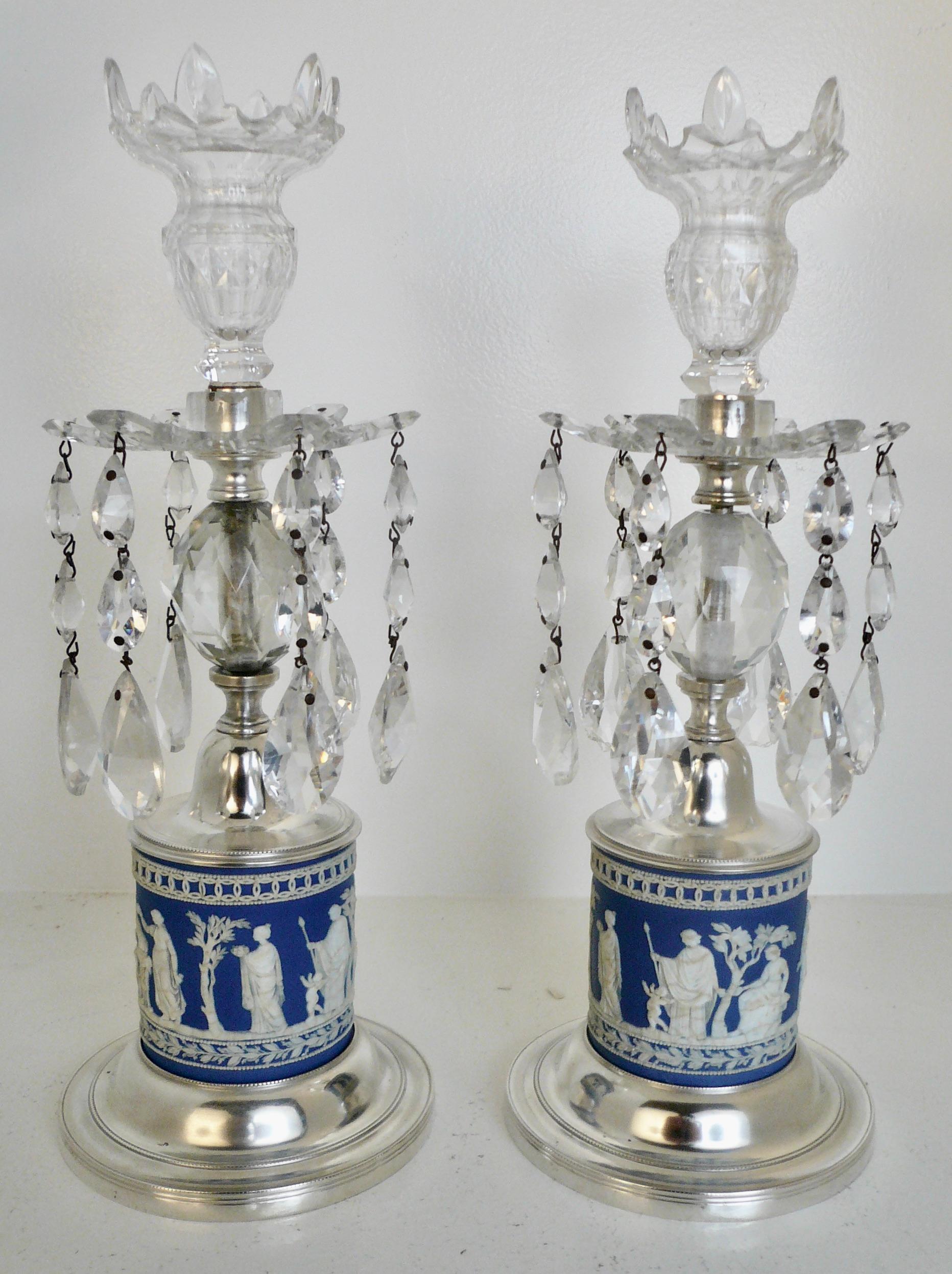 Pair Jasper Ware Silver and Cut Crystal Lusters, or Candle Holders In Good Condition In Pittsburgh, PA