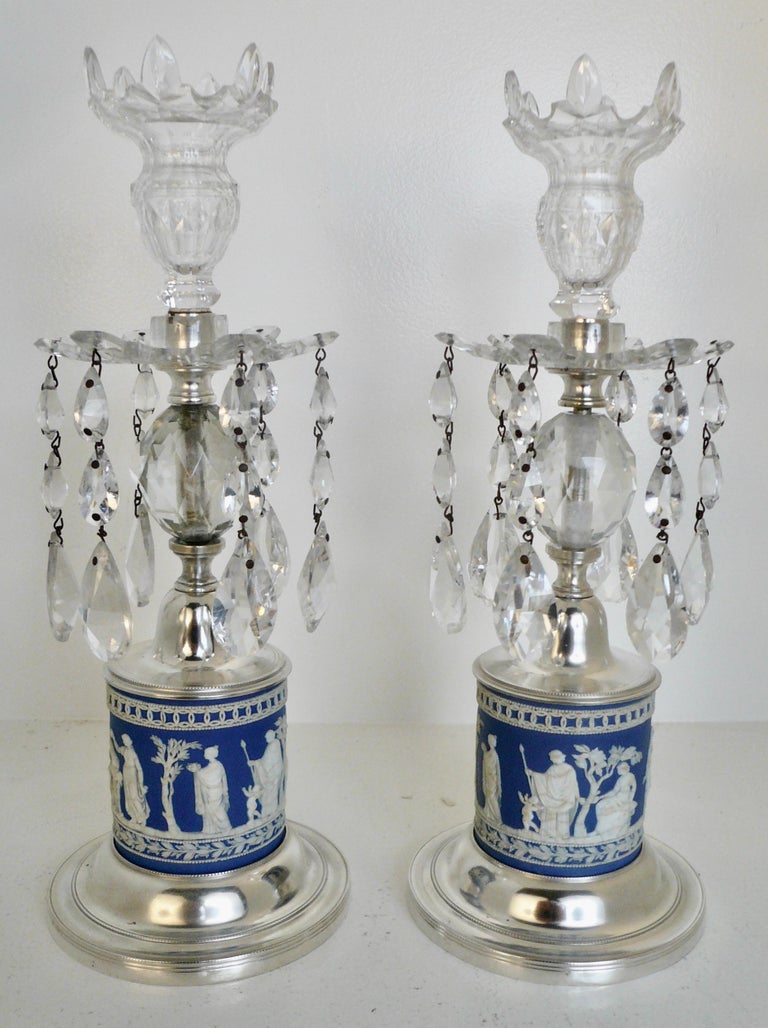 Pair Jasper Ware Silver and Cut Crystal Lusters, or Candle Holders For