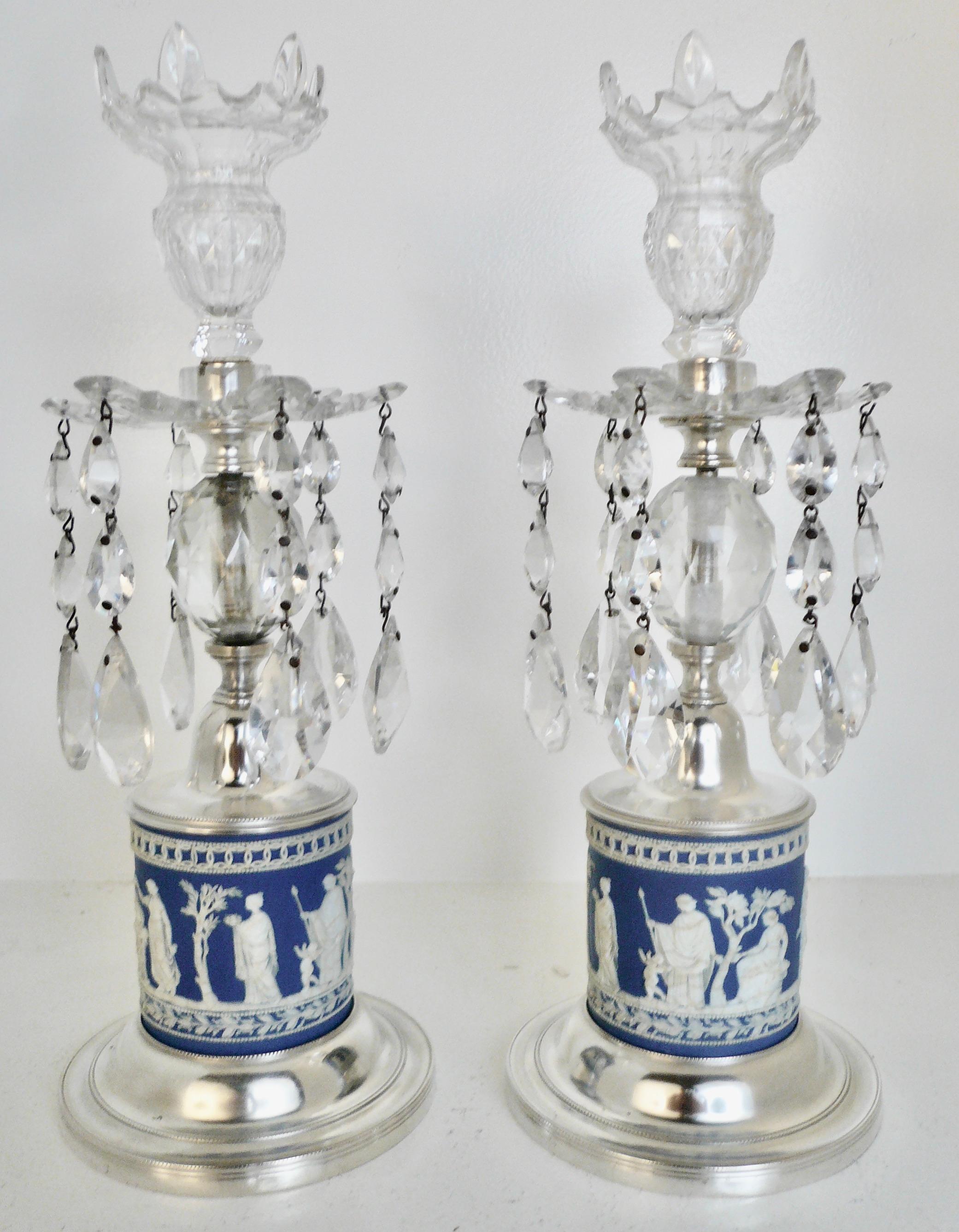 18th Century Pair Jasper Ware Silver and Cut Crystal Lusters, or Candle Holders