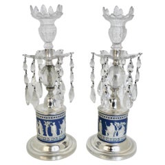 Pair Jasper Ware Silver and Cut Crystal Lusters, or Candle Holders