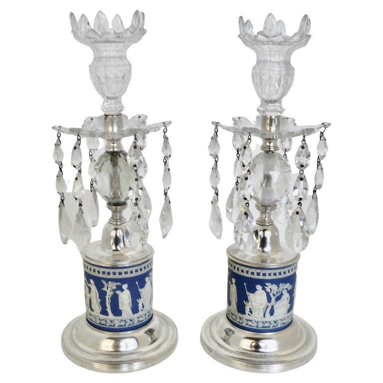 Pair Jasper Ware Silver and Cut Crystal Lusters, or Candle Holders For