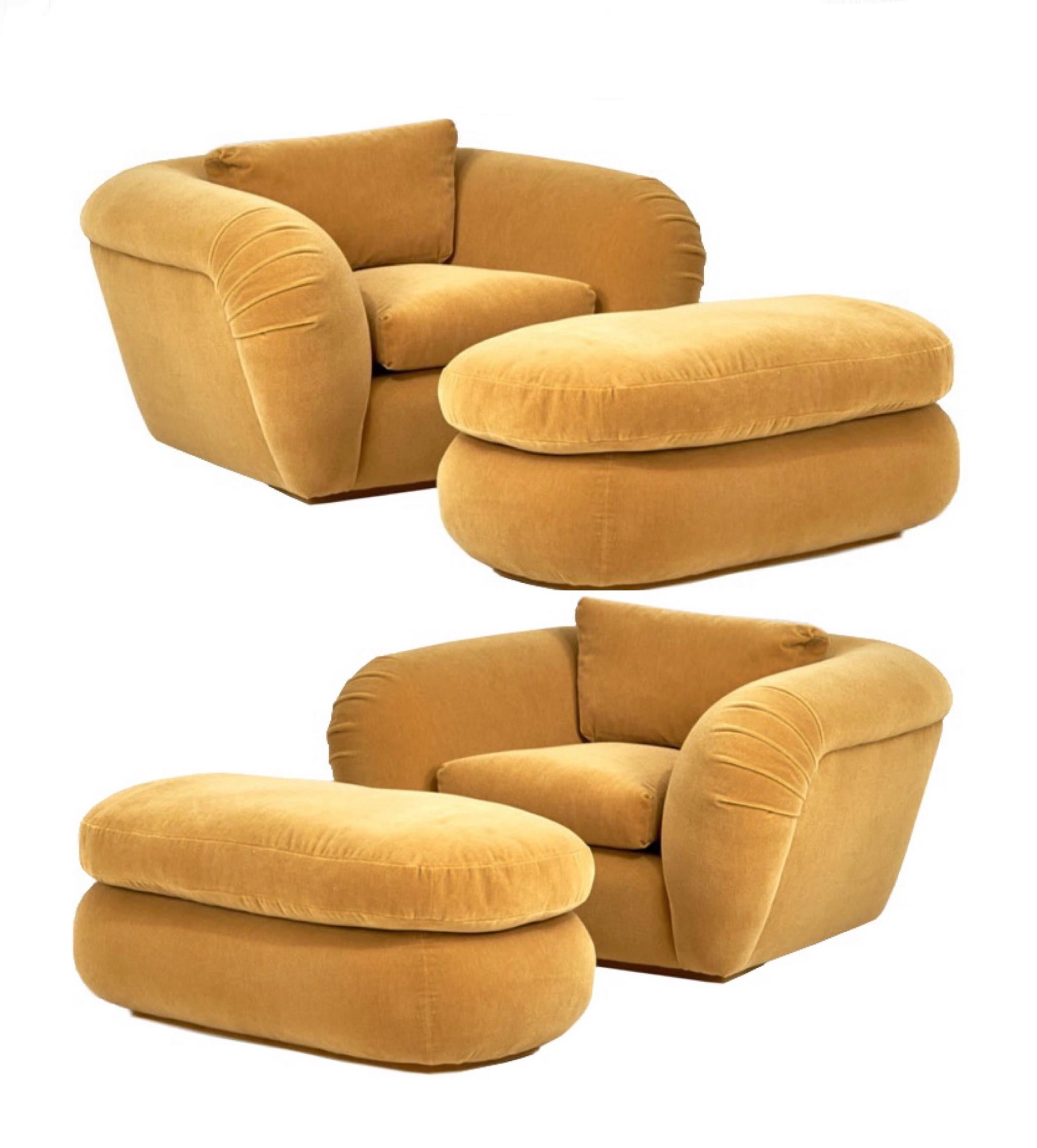 Pair Jay Spectre Mohair lounge chairs and ottomans, 1990.
