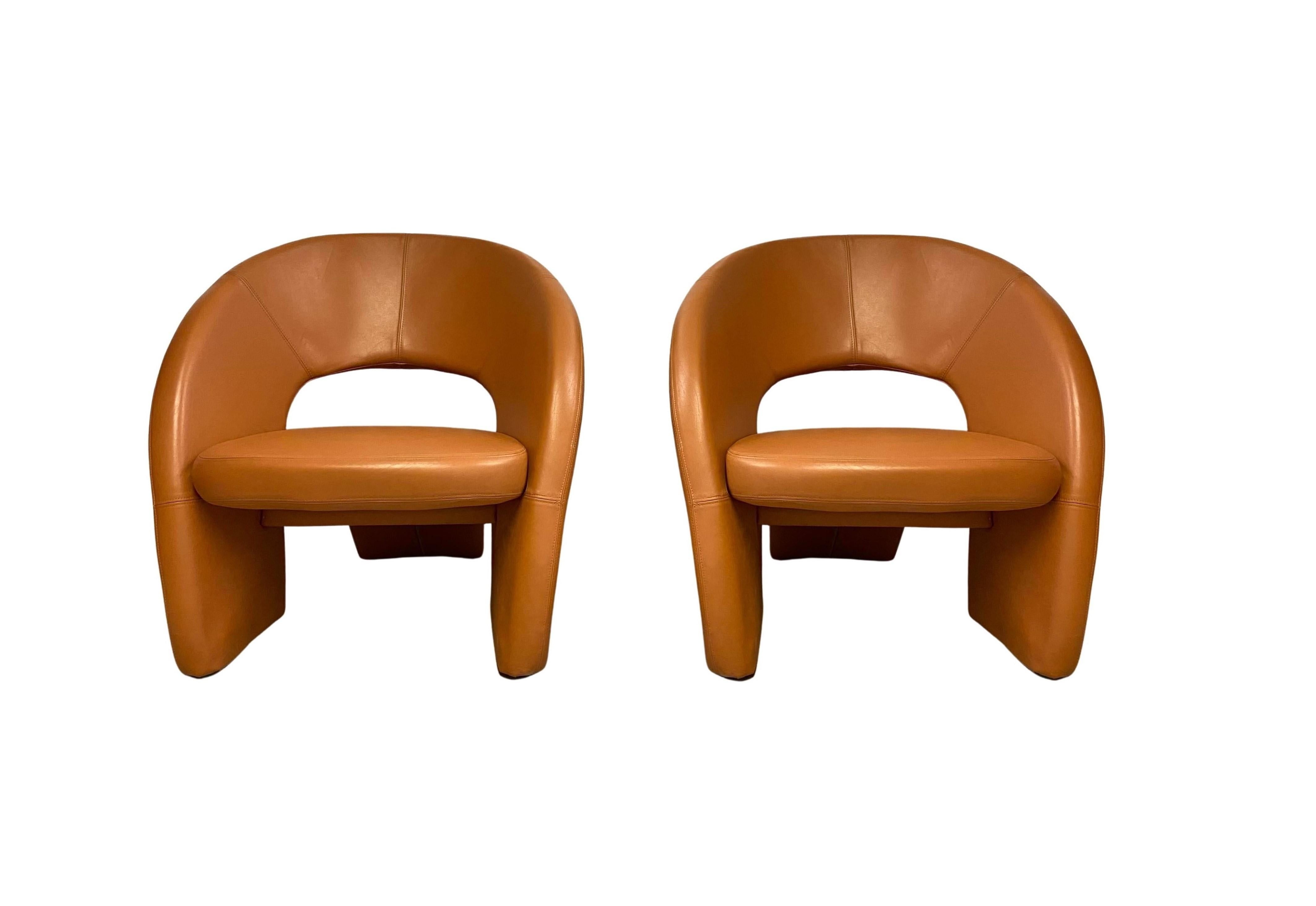 Post-Modern Pair Jaymar Cognac Leather Chairs For Sale