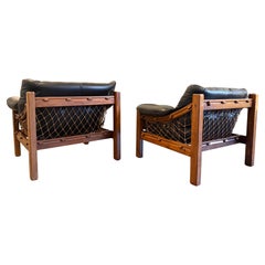 Pair Jean Gillon Tijuca Rosewood Leather Rope Hammock Low lounge chairs Brazil