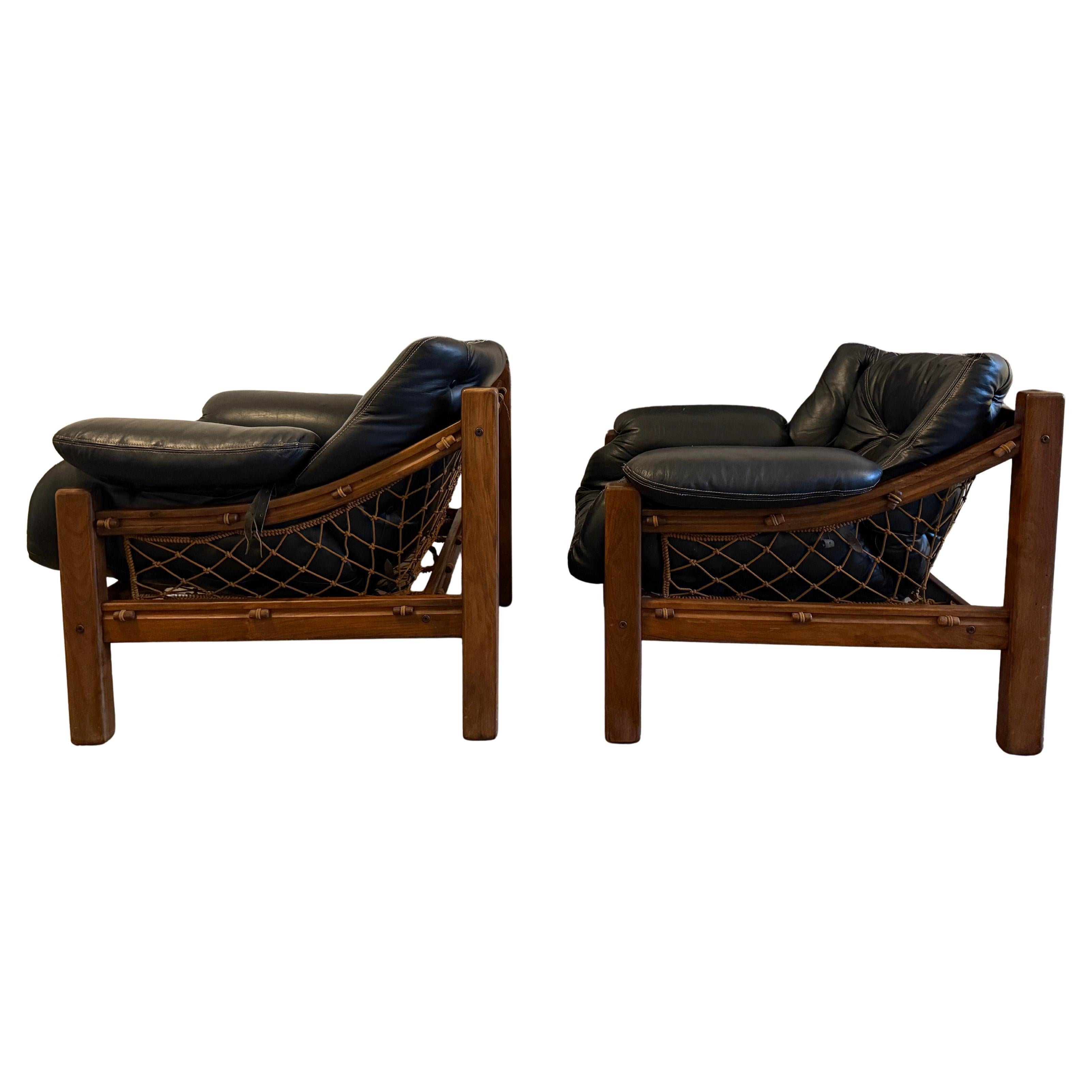 Mid-Century Modern Paire Jean Gillon Tijuca Hamac en cuir et corde en bois de rose Chaises longues basses Brésil en vente