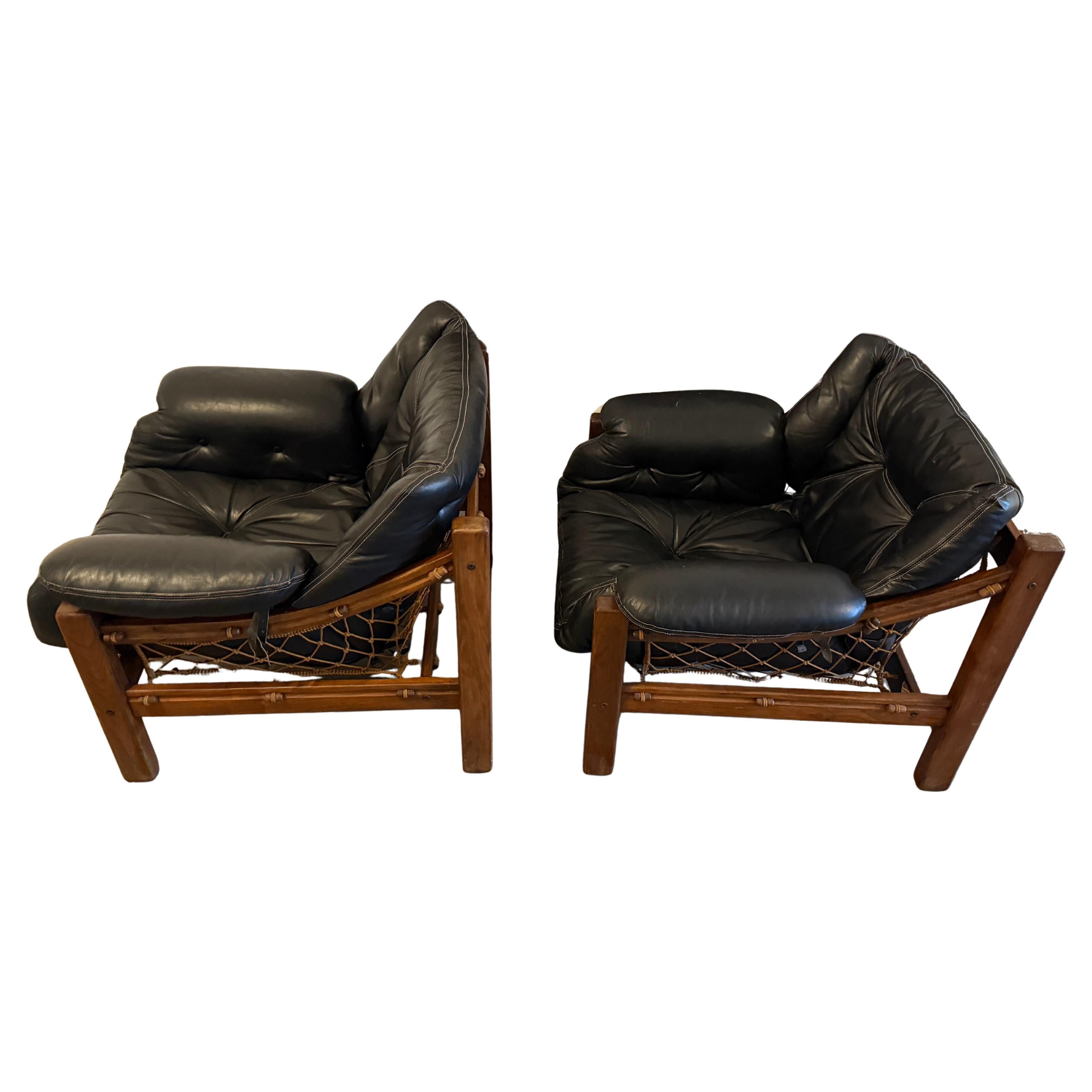 Brésilien Paire Jean Gillon Tijuca Hamac en cuir et corde en bois de rose Chaises longues basses Brésil en vente