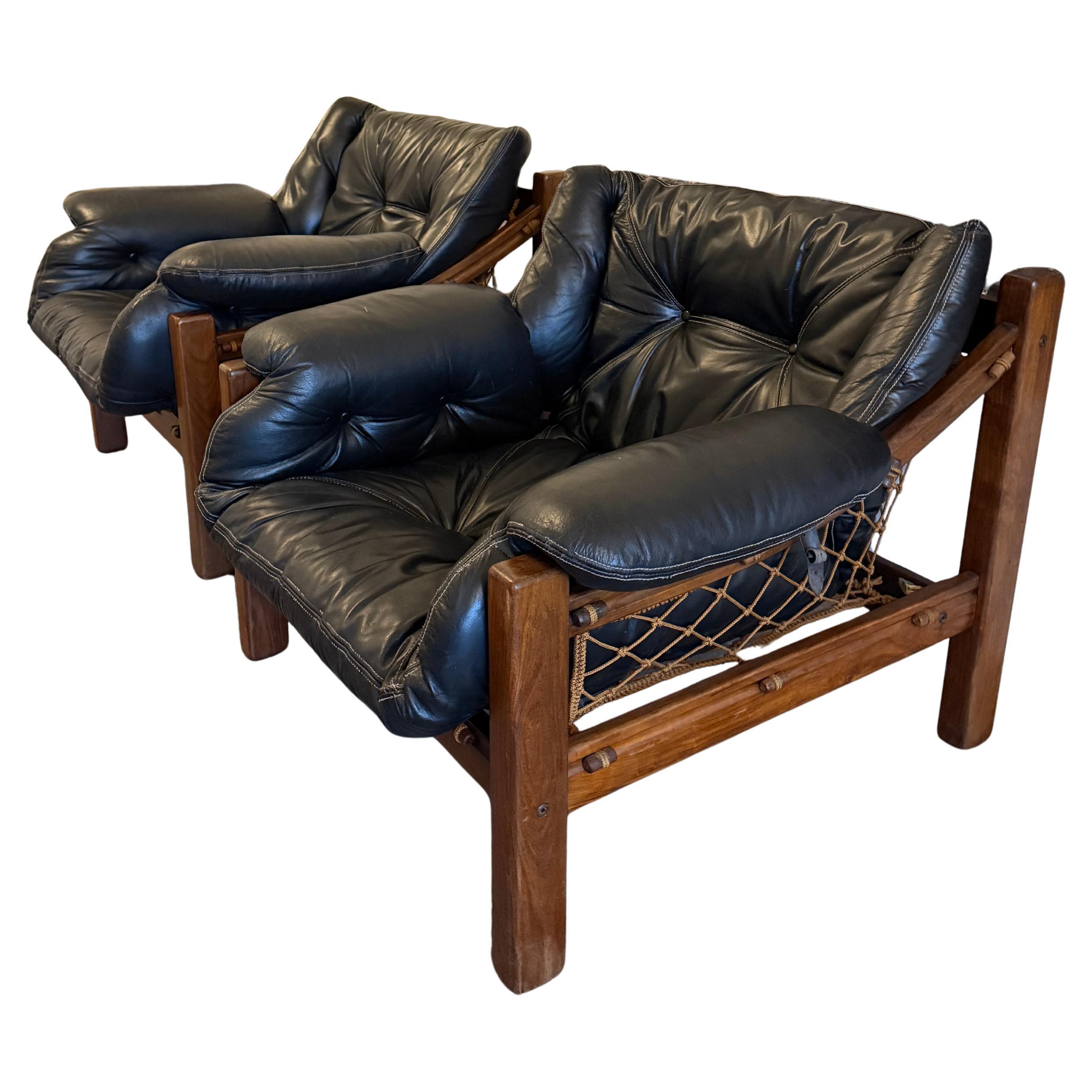 Paar Jean Gillon Tijuca Palisander Leder Seil Hängematte Low Lounge Stühle Brasilien