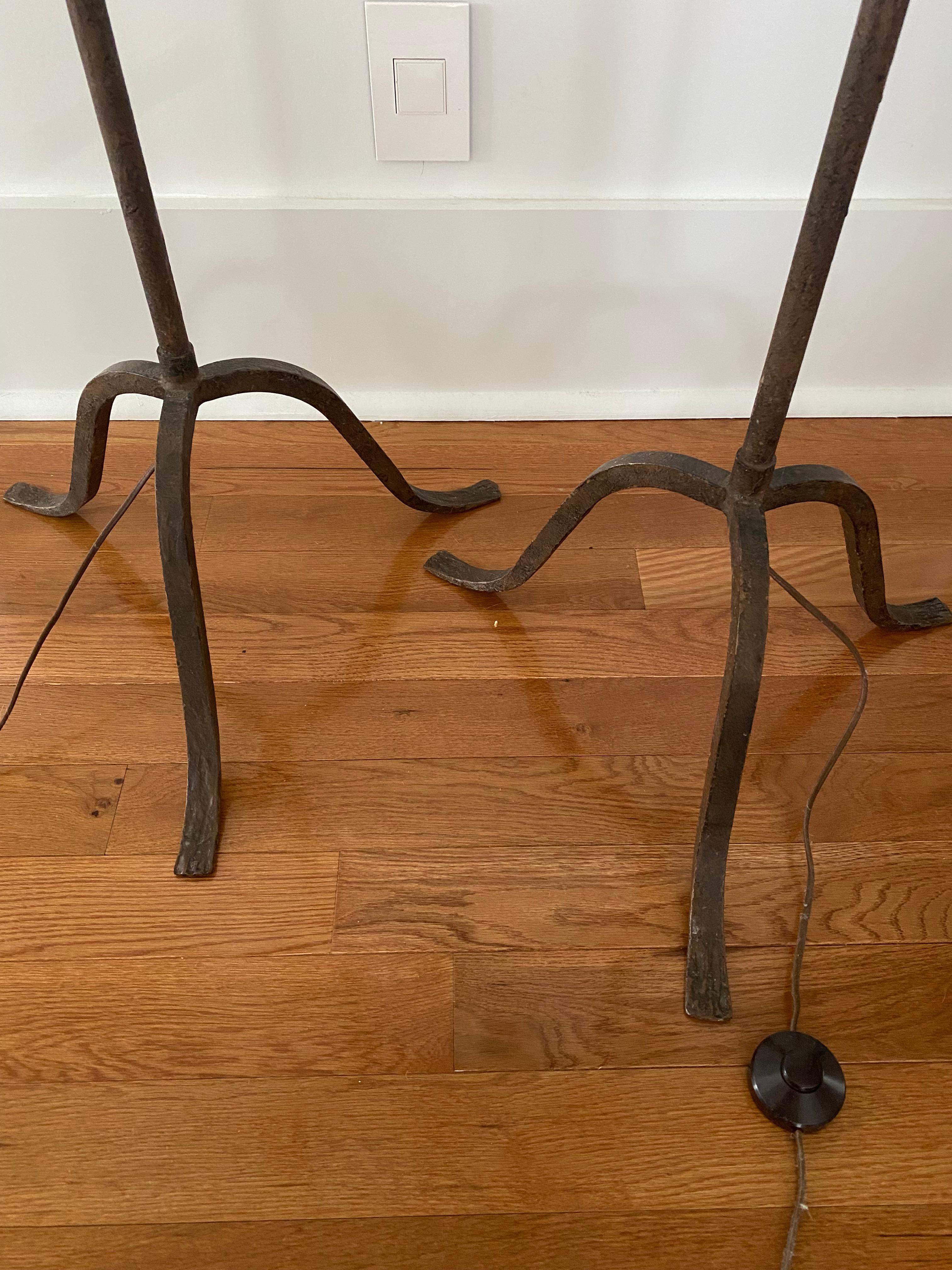 French Pair Jean Touret Ateliers Marolles France Iron Floor Lamps Girouette Hand Forged For Sale