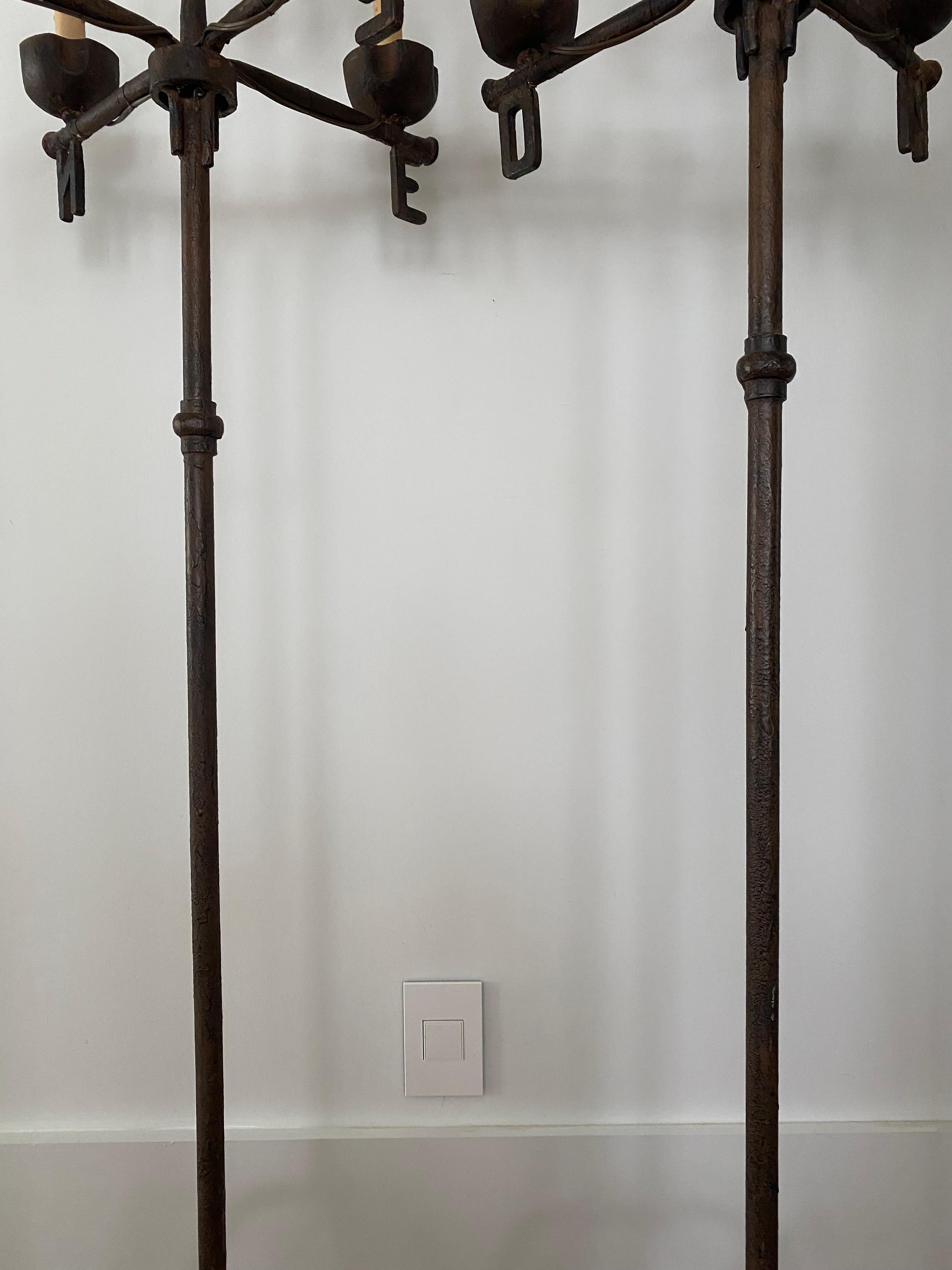 Hand-Crafted Pair Jean Touret Ateliers Marolles France Iron Floor Lamps Girouette Hand Forged For Sale