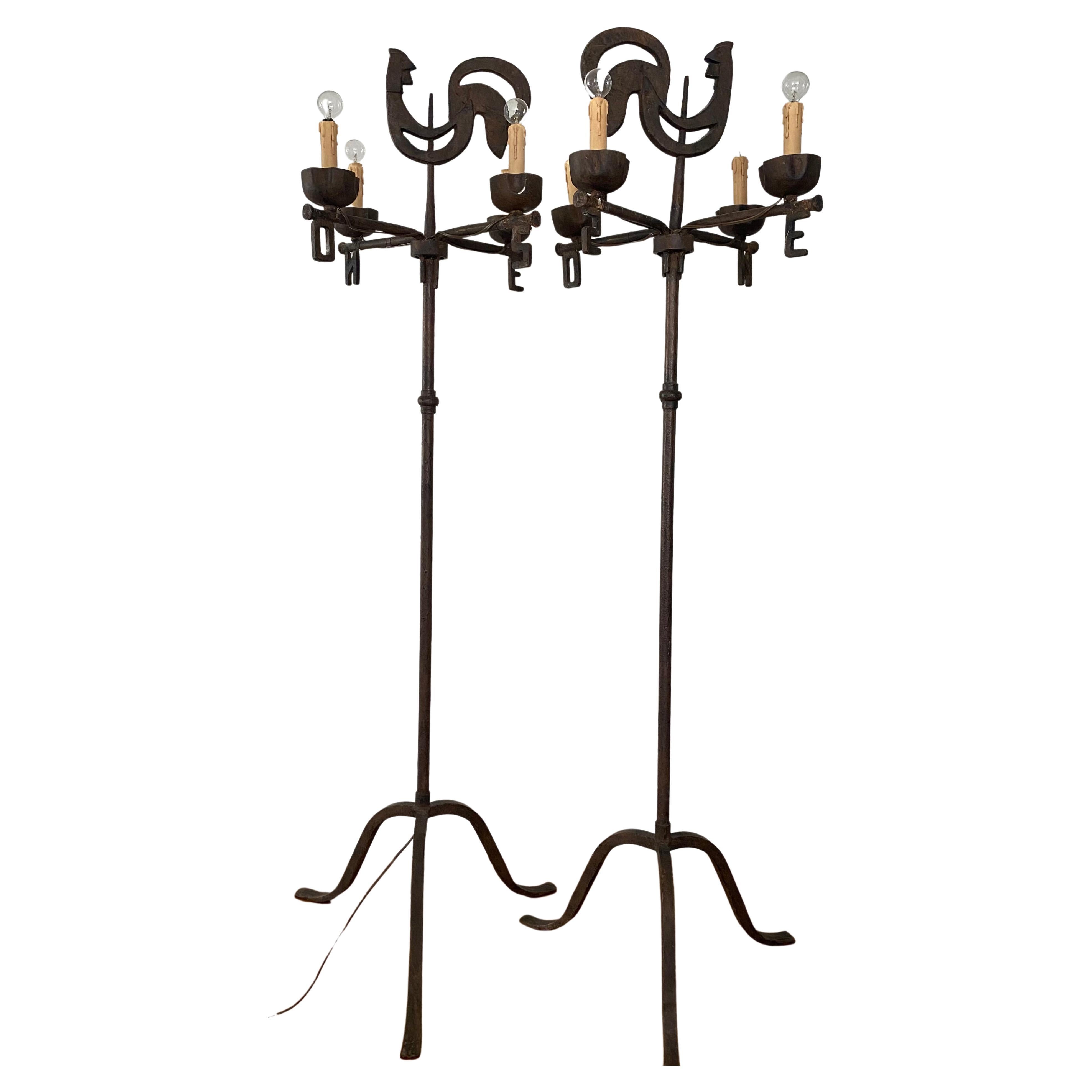 Pair Jean Touret Ateliers Marolles France Iron Floor Lamps Girouette Hand Forged For Sale