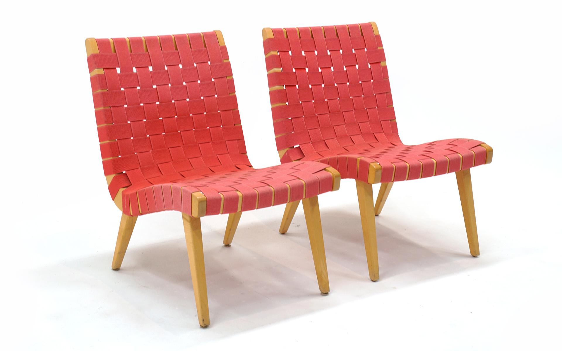 Mid-Century Modern Pair Jens Risom Armless Lounge Chairs. Maple with Red Webbing. Signed. For Sale