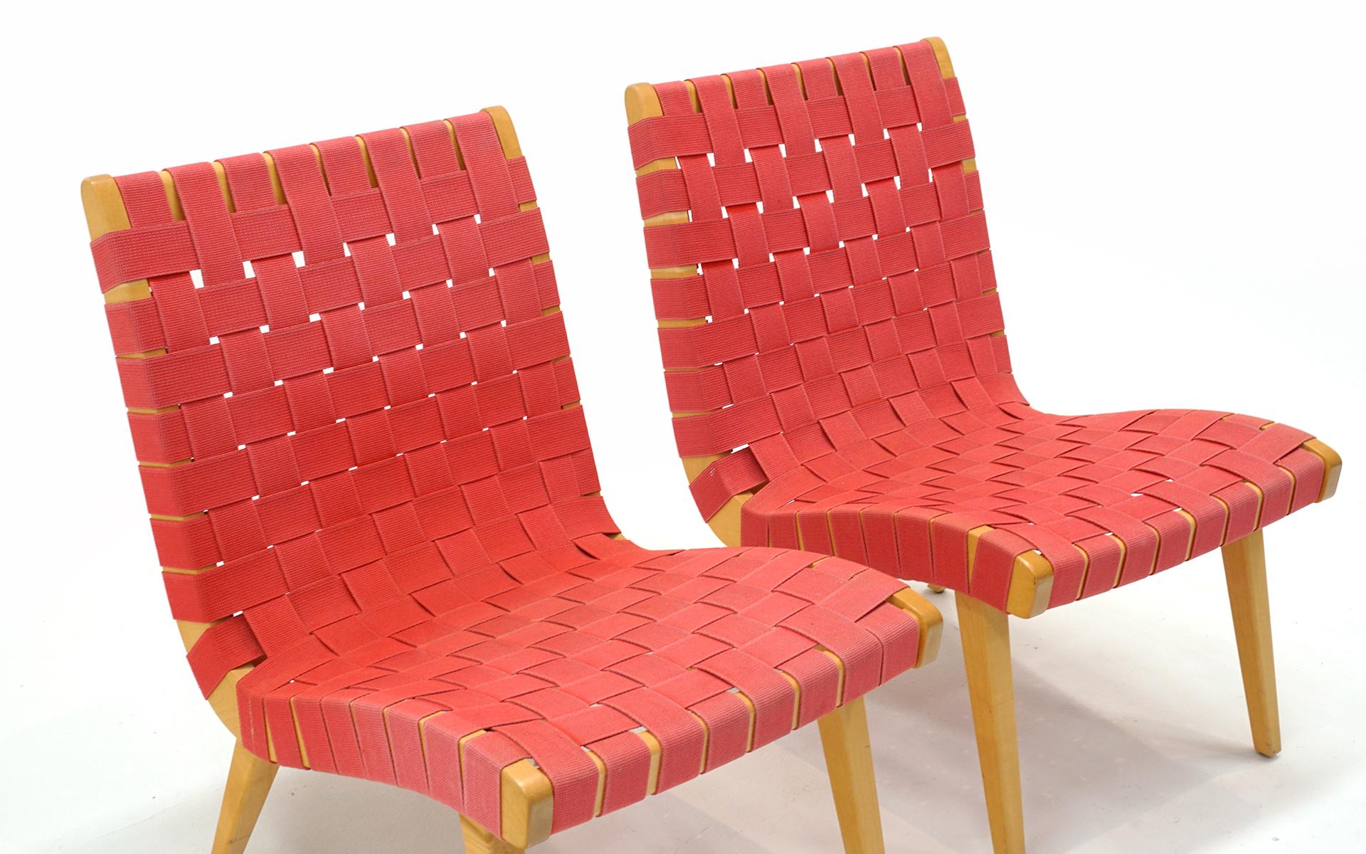 American Pair Jens Risom Armless Lounge Chairs. Maple with Red Webbing. Signed. For Sale