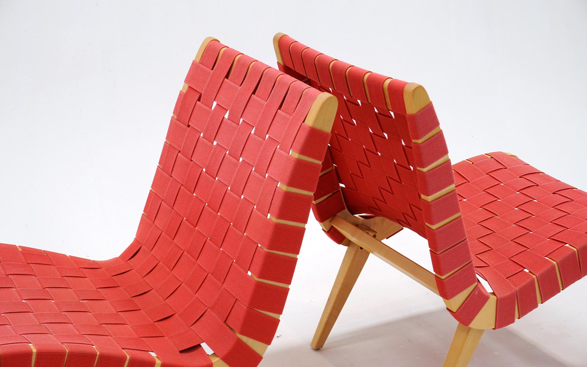 Contemporary Pair Jens Risom Armless Lounge Chairs. Maple with Red Webbing. Signed. For Sale