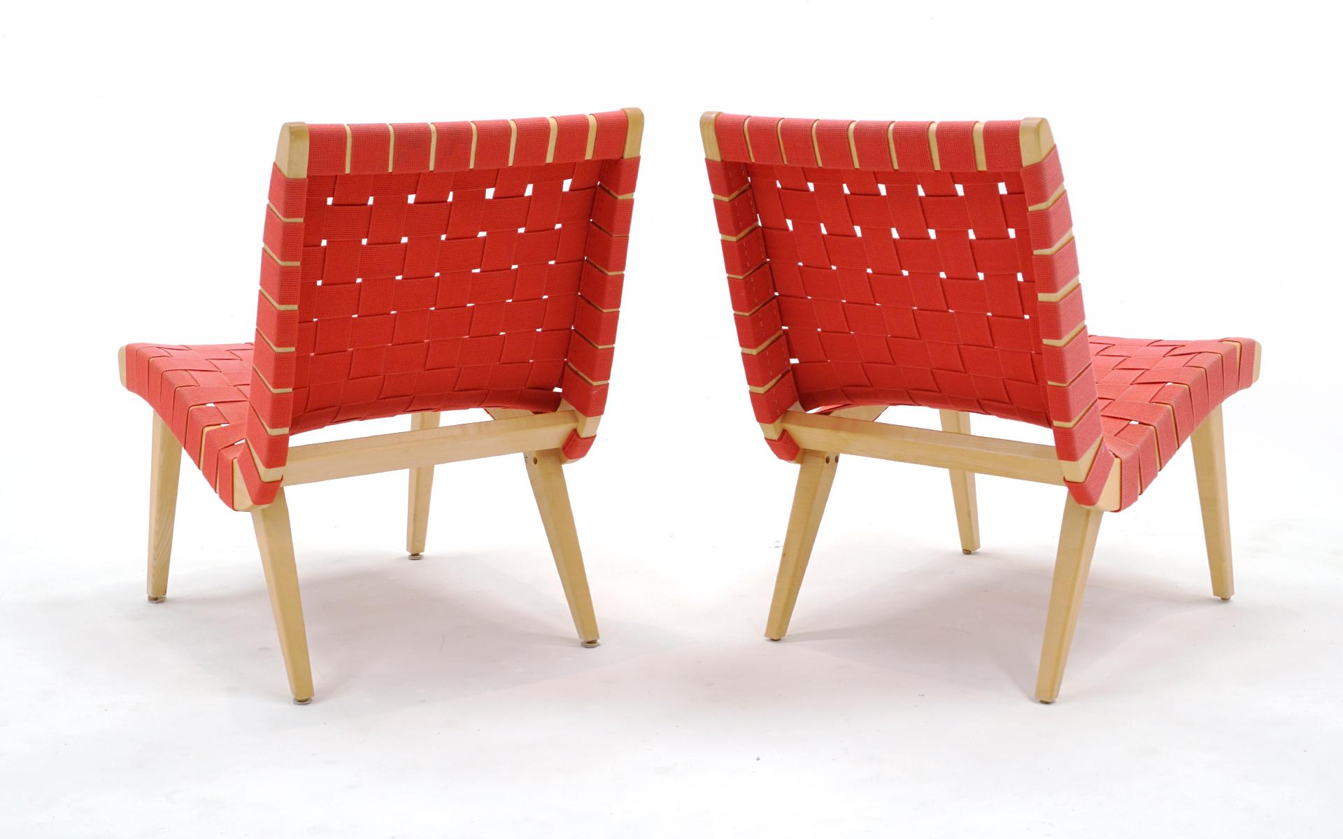 Pair Jens Risom Armless Lounge Chairs. Maple with Red Webbing. Signed. For Sale 1