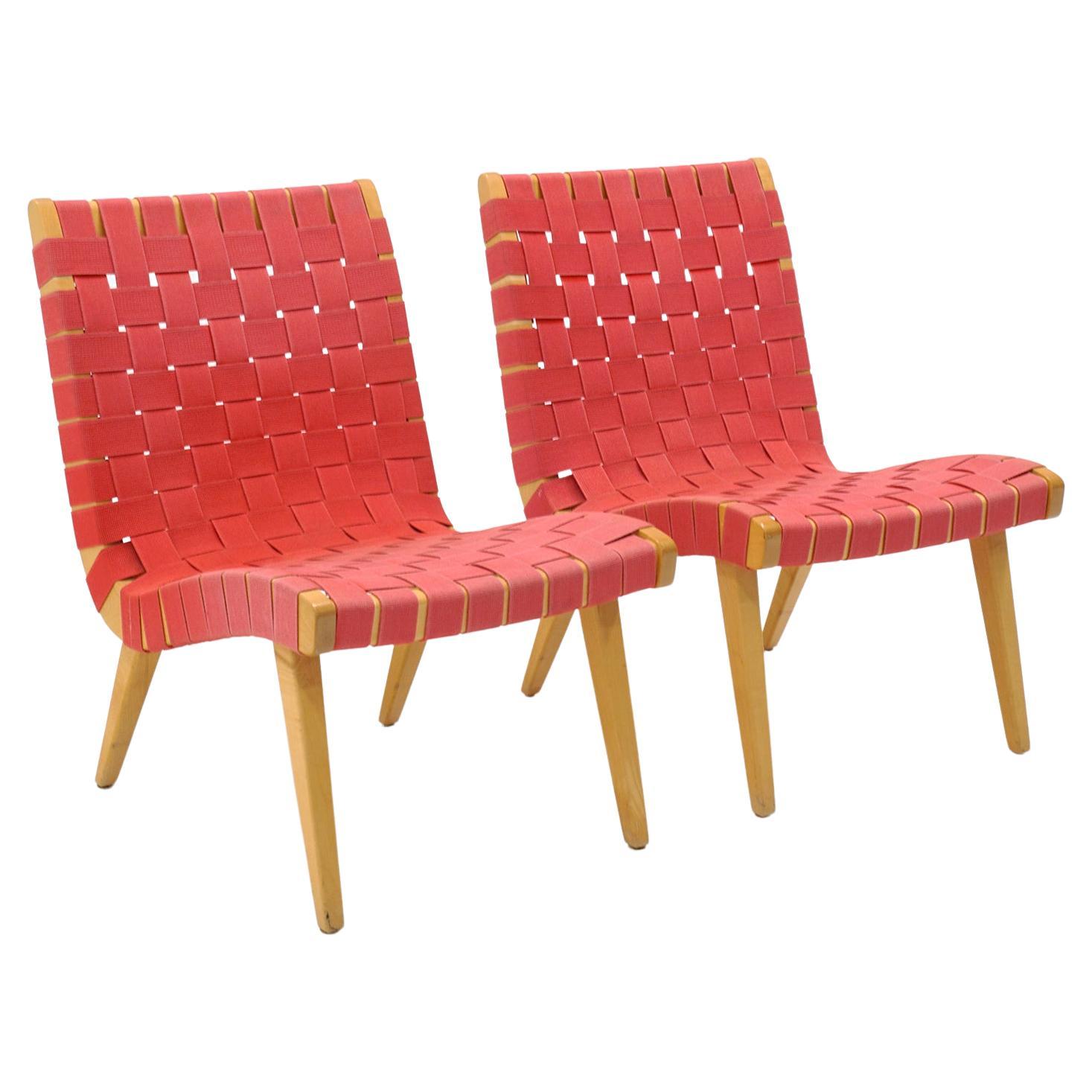 Pair Jens Risom Armless Lounge Chairs. Maple with Red Webbing. Signed.