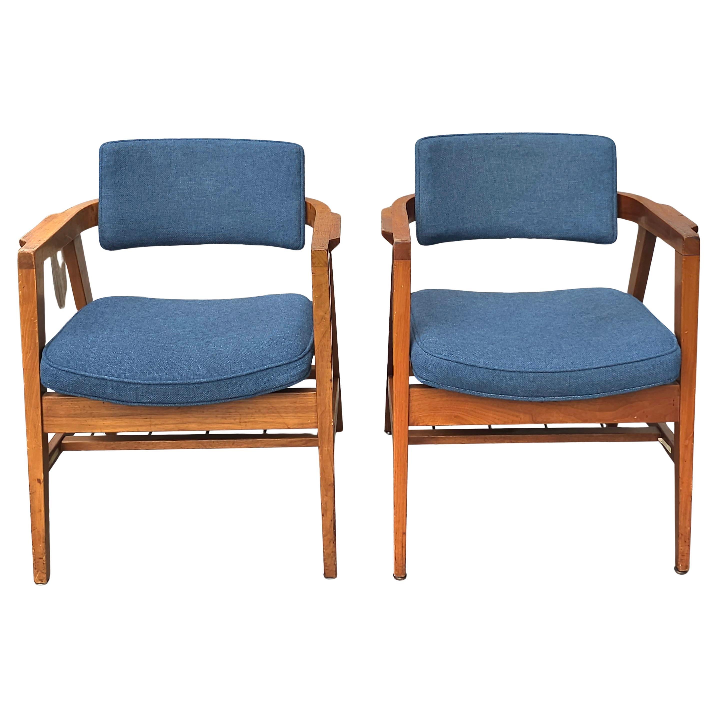 Pair Jens Risom Style Solid Walnut Lounge Chairs by Gunlocke, numbered