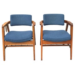 Pair Jens Risom Style Solid Walnut Lounge Chairs by Gunlocke, numbered