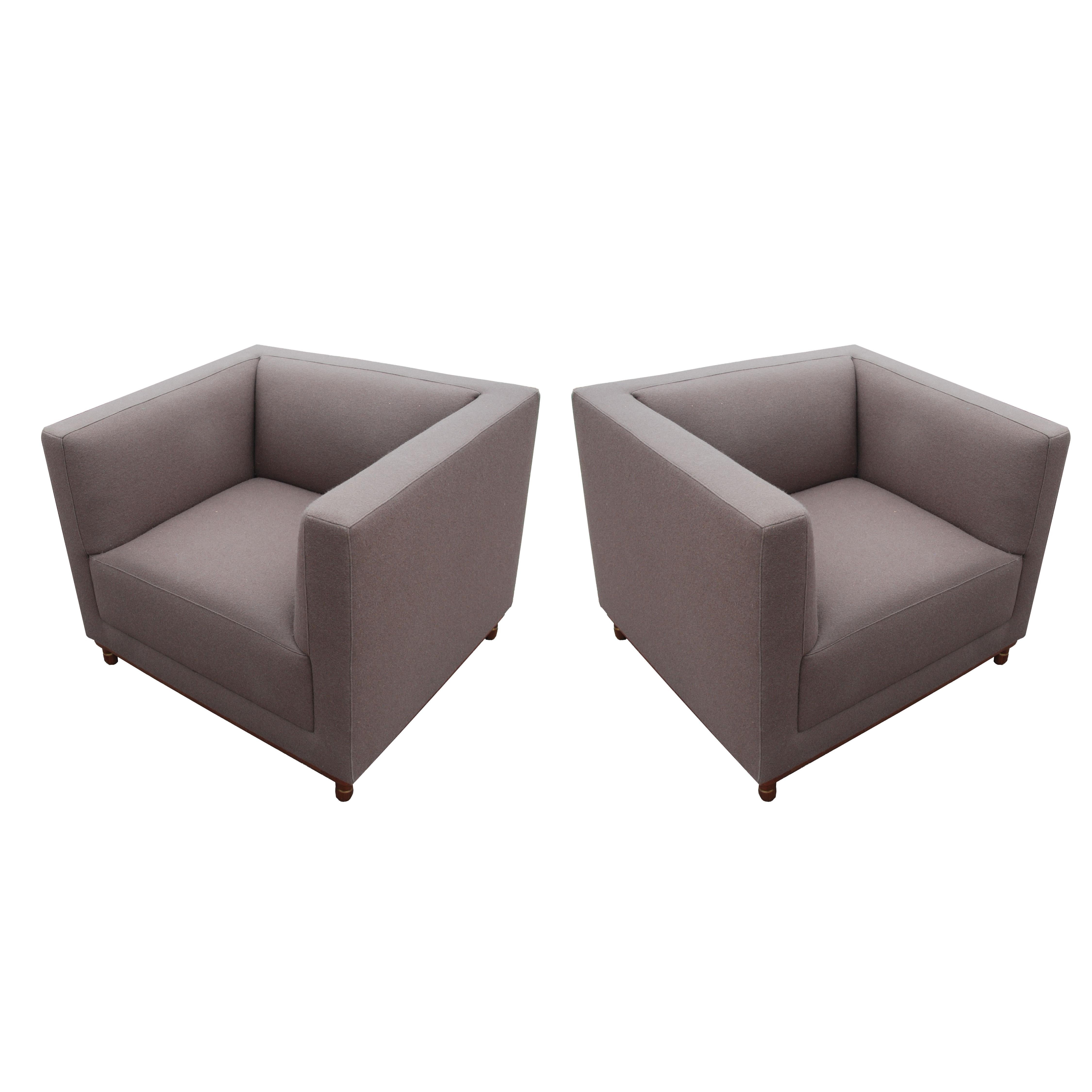Pair of Mills by Bernhardt lounge chairs
Jephson Robb
2013

Lightly used floor models. 
Fully upholstered and features a solid walnut base with a bronze finish metal ring detail on the legs. 
 
 
Measures: 33.5