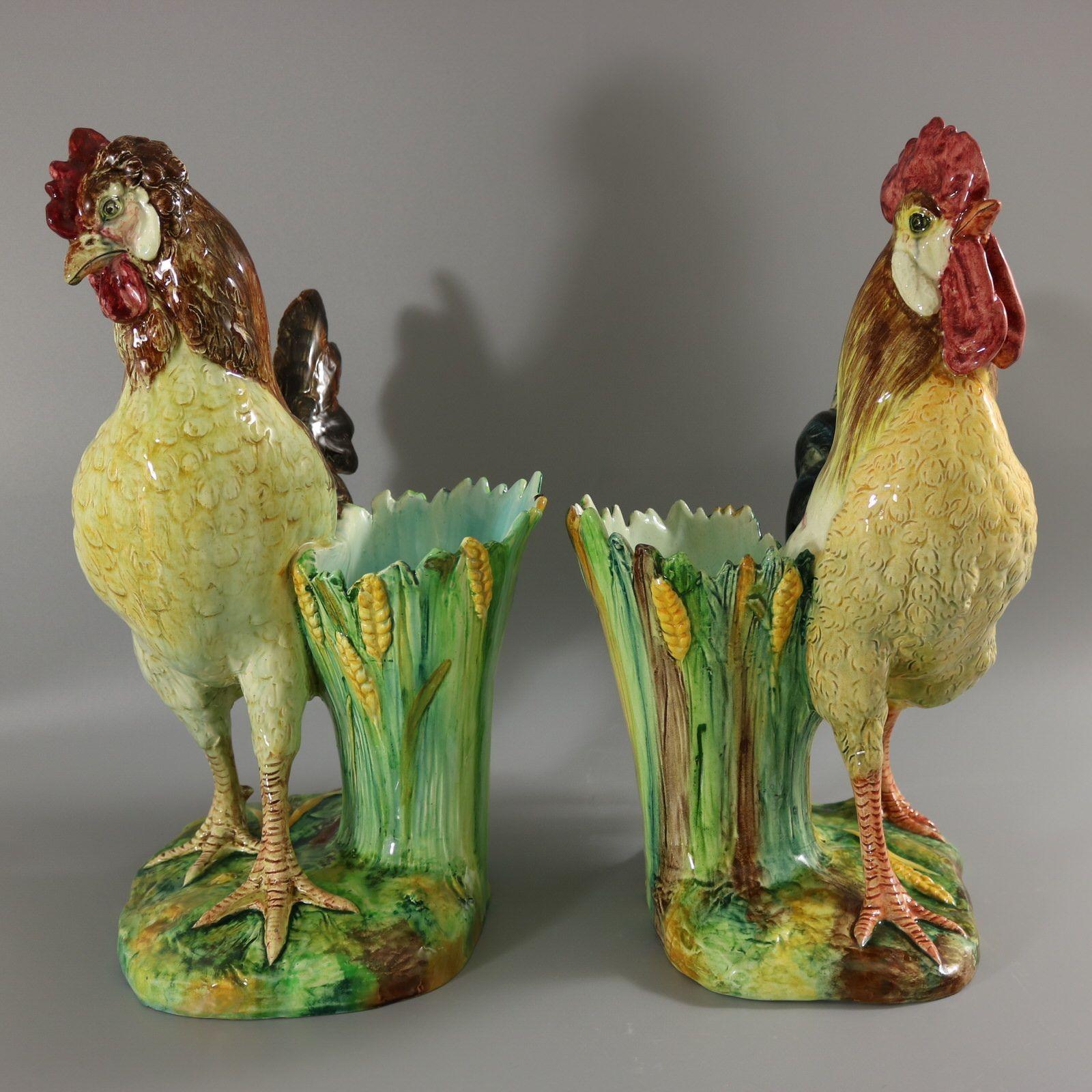 French Pair Jerome Massier Hen & Cockerel Figural Vases by P. Perret For Sale