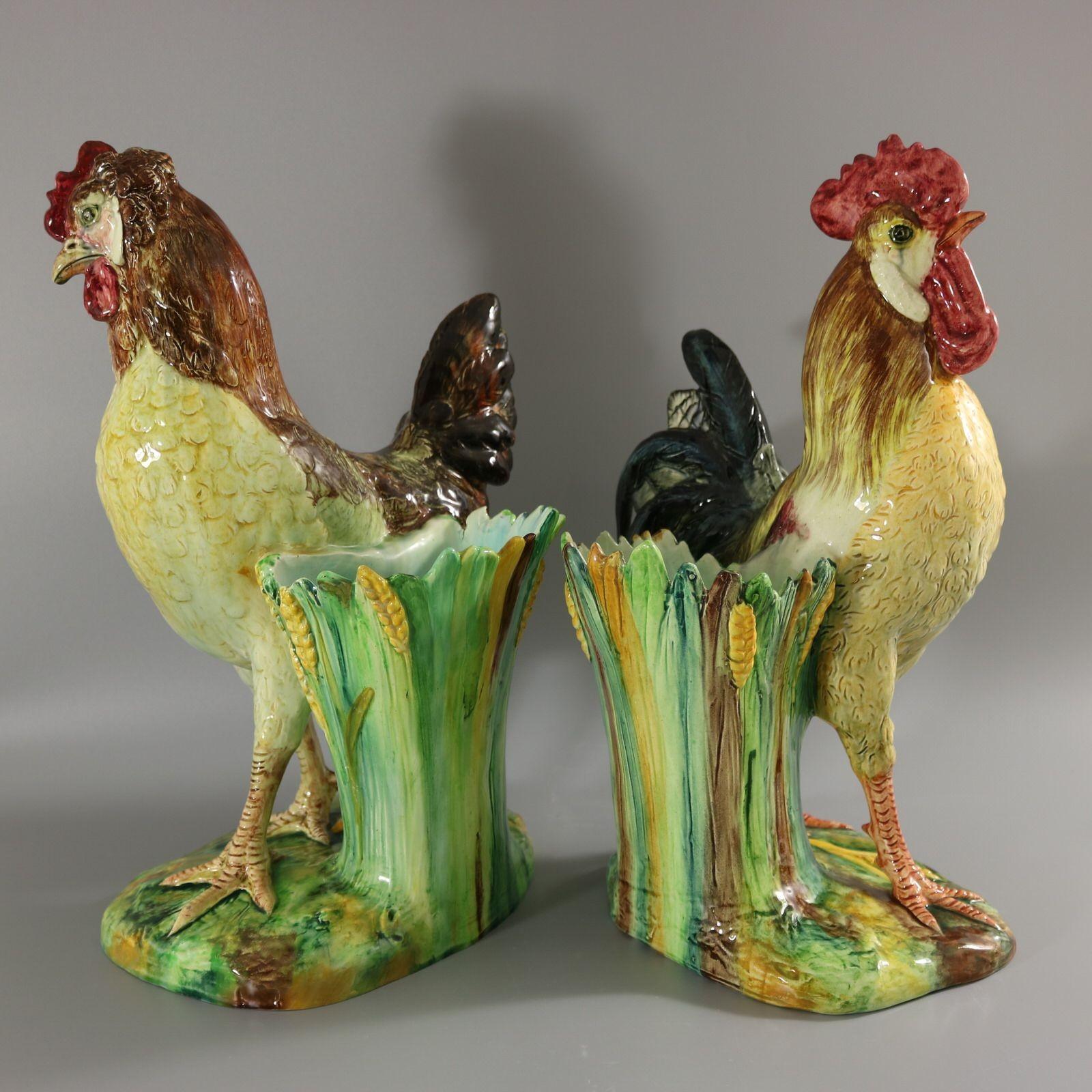 Pair Jerome Massier Hen & Cockerel Figural Vases by P. Perret In Good Condition For Sale In Chelmsford, Essex