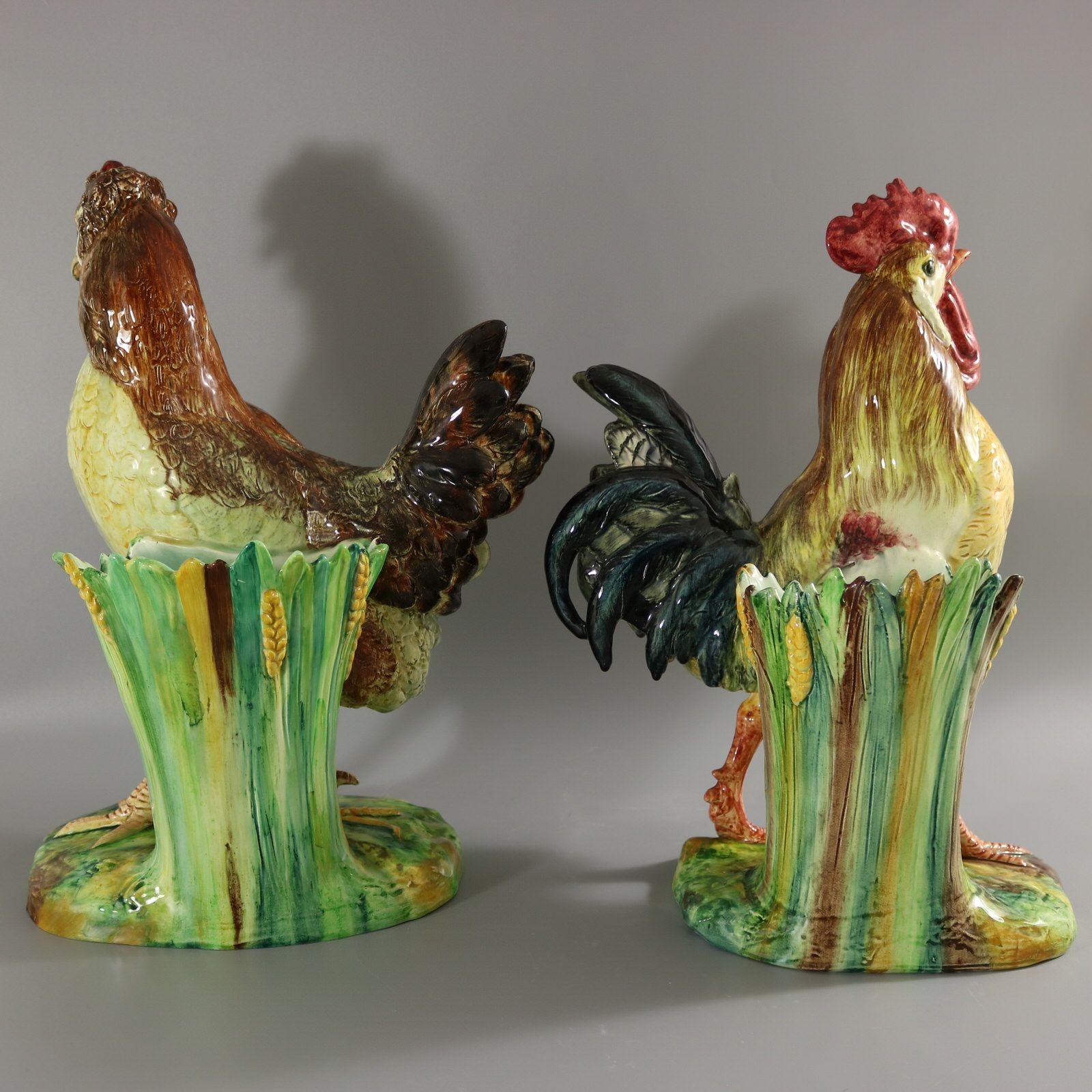 Early 20th Century Pair Jerome Massier Hen & Cockerel Figural Vases by P. Perret For Sale