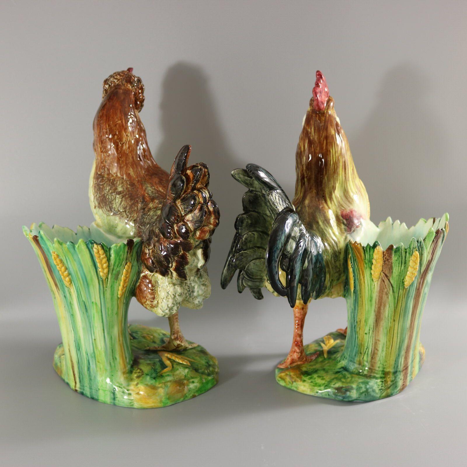 Majolica Pair Jerome Massier Hen & Cockerel Figural Vases by P. Perret For Sale