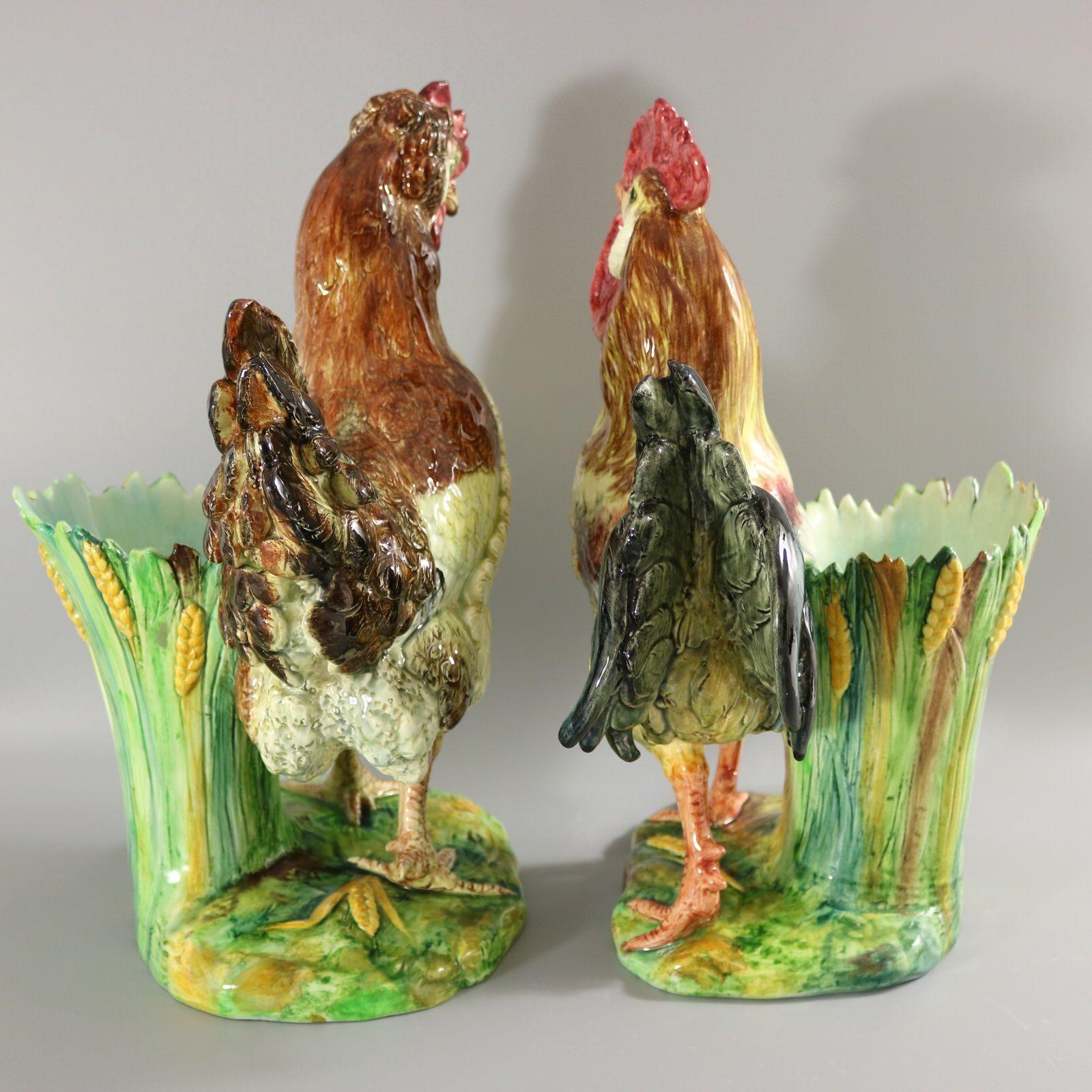 Pair Jerome Massier Hen & Cockerel Figural Vases by P. Perret For Sale 1