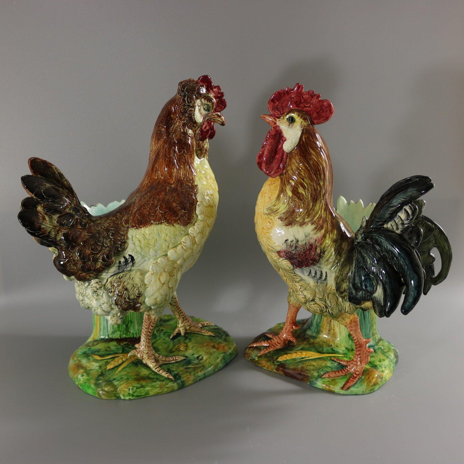 Pair Jerome Massier Hen & Cockerel Figural Vases by P. Perret For Sale 2